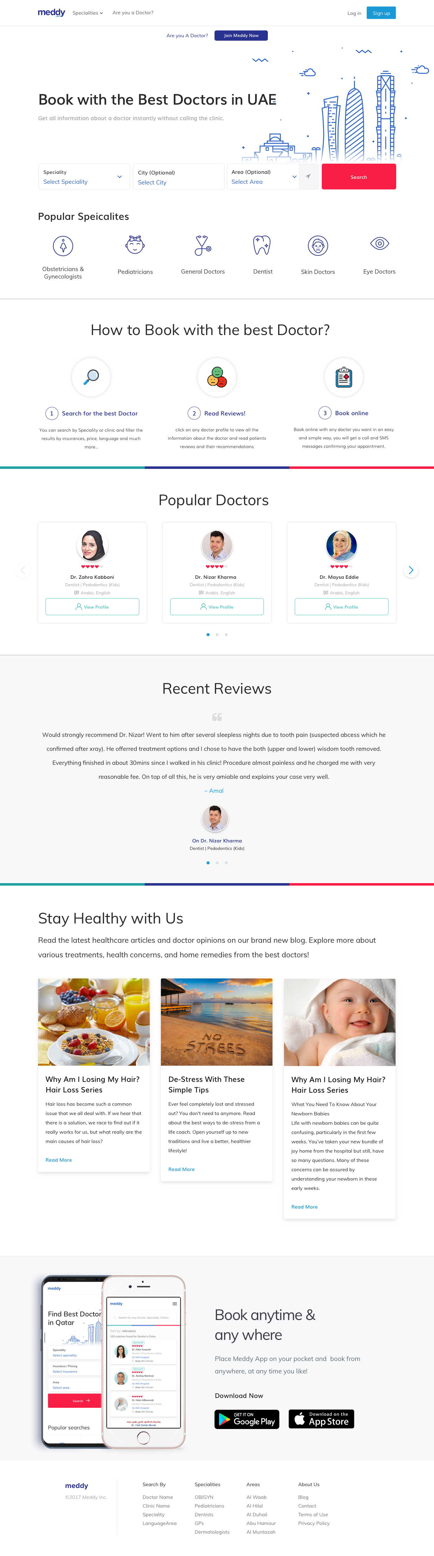 Meddy homepage showing doctor search by specialty and location