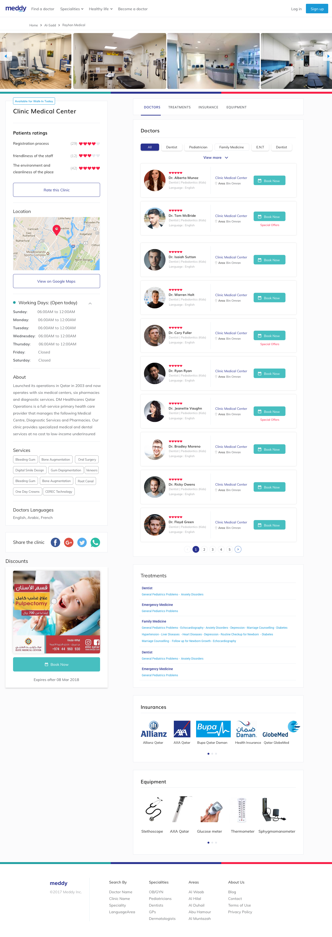 Meddy clinic profile page with photos, doctor credentials, reviews and insurance information