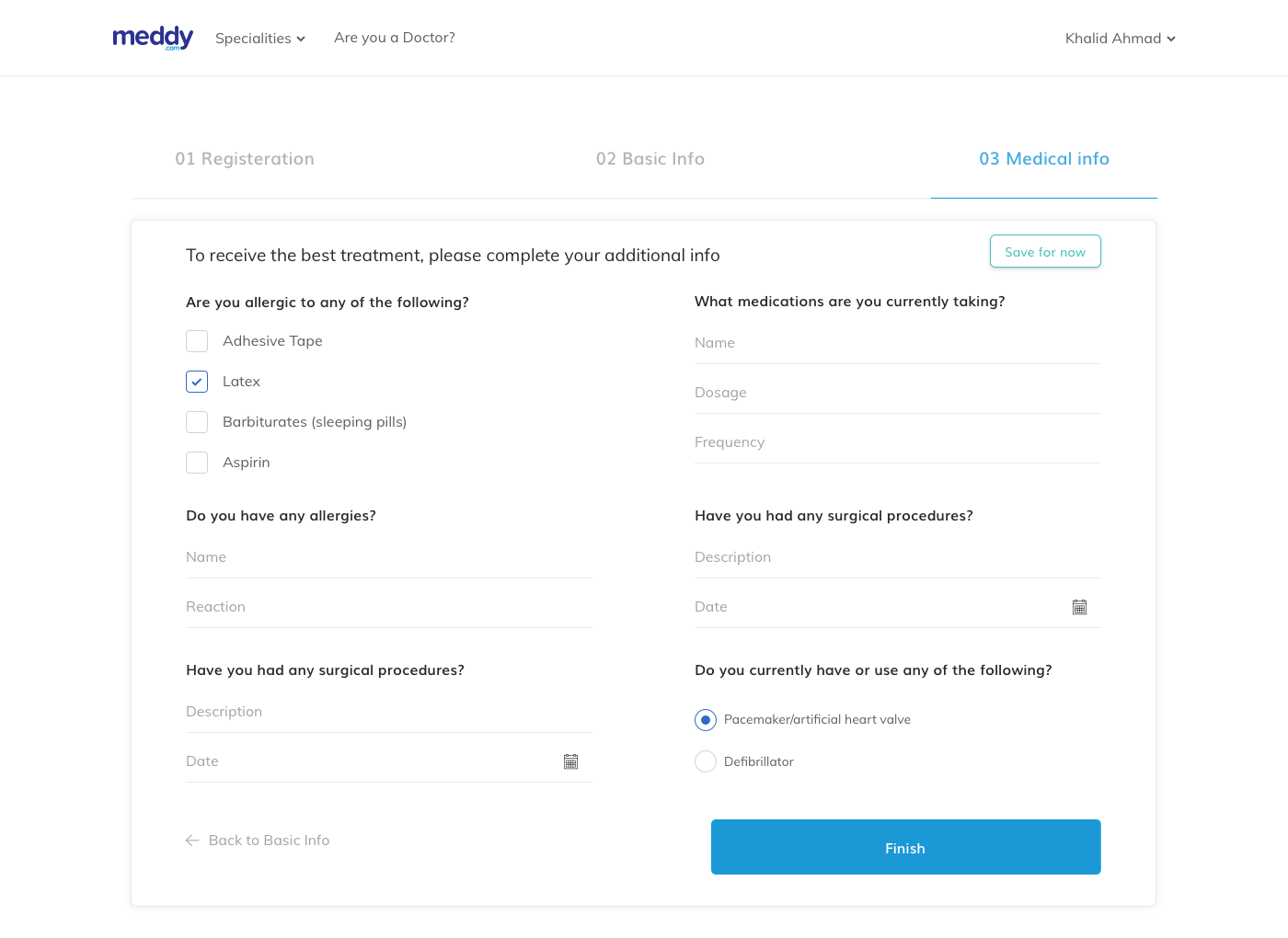 Meddy check in medical information step, positioned last in the flow