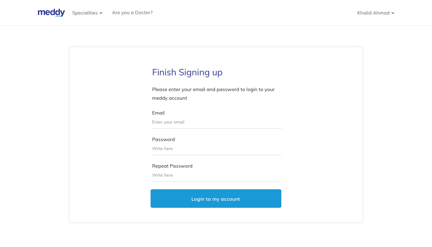 Meddy clinic sign up screen