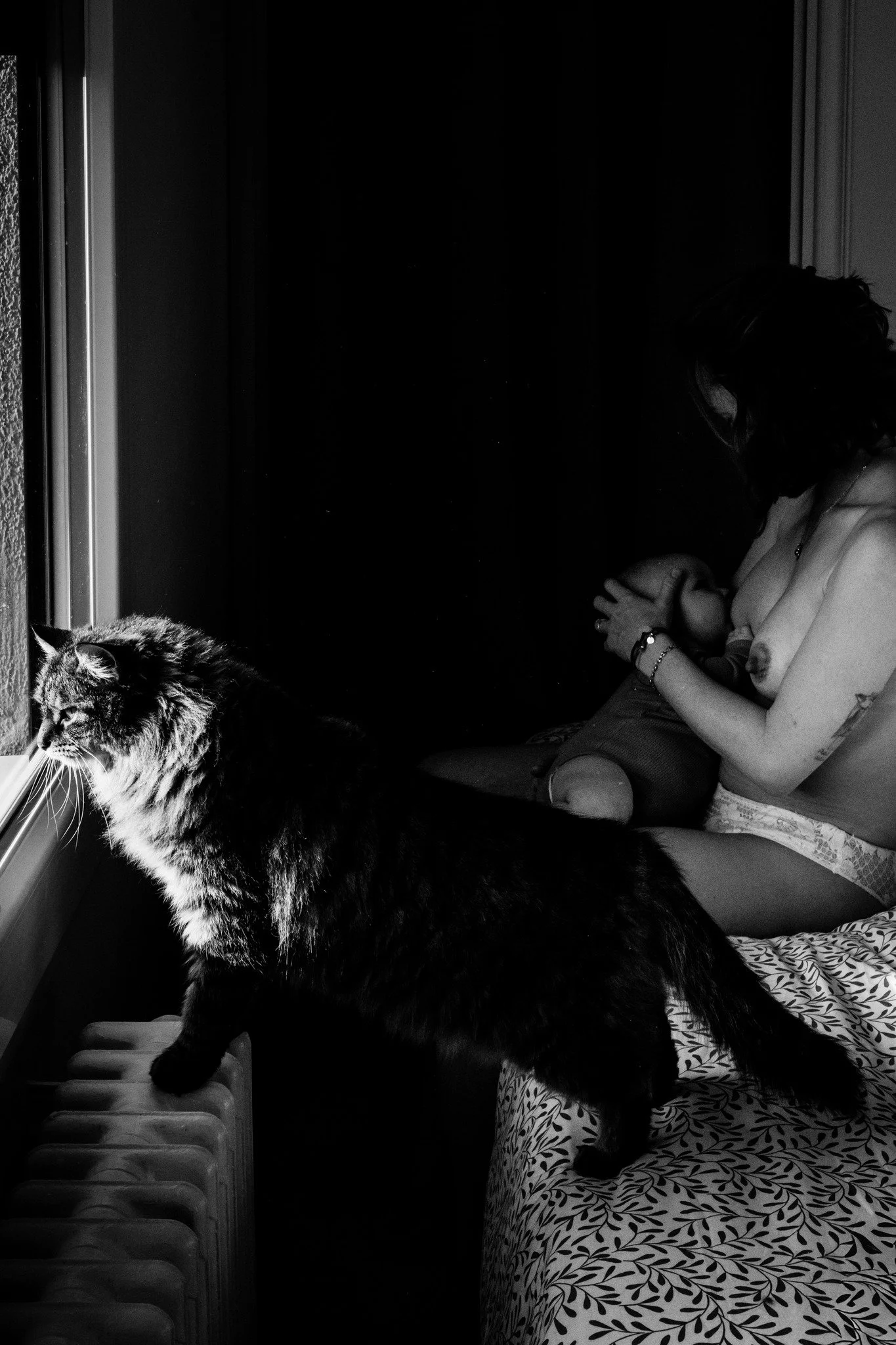 J&rsquo;aime la douceur du noir et blanc.
Il garde l&rsquo;essentiel.
Une maman magnifique, puissante, son b&eacute;b&eacute; contre elle, pour une t&eacute;t&eacute;e
La lumi&egrave;re qui caresse ce compagnon fid&egrave;le, tout pr&egrave;s, comme 