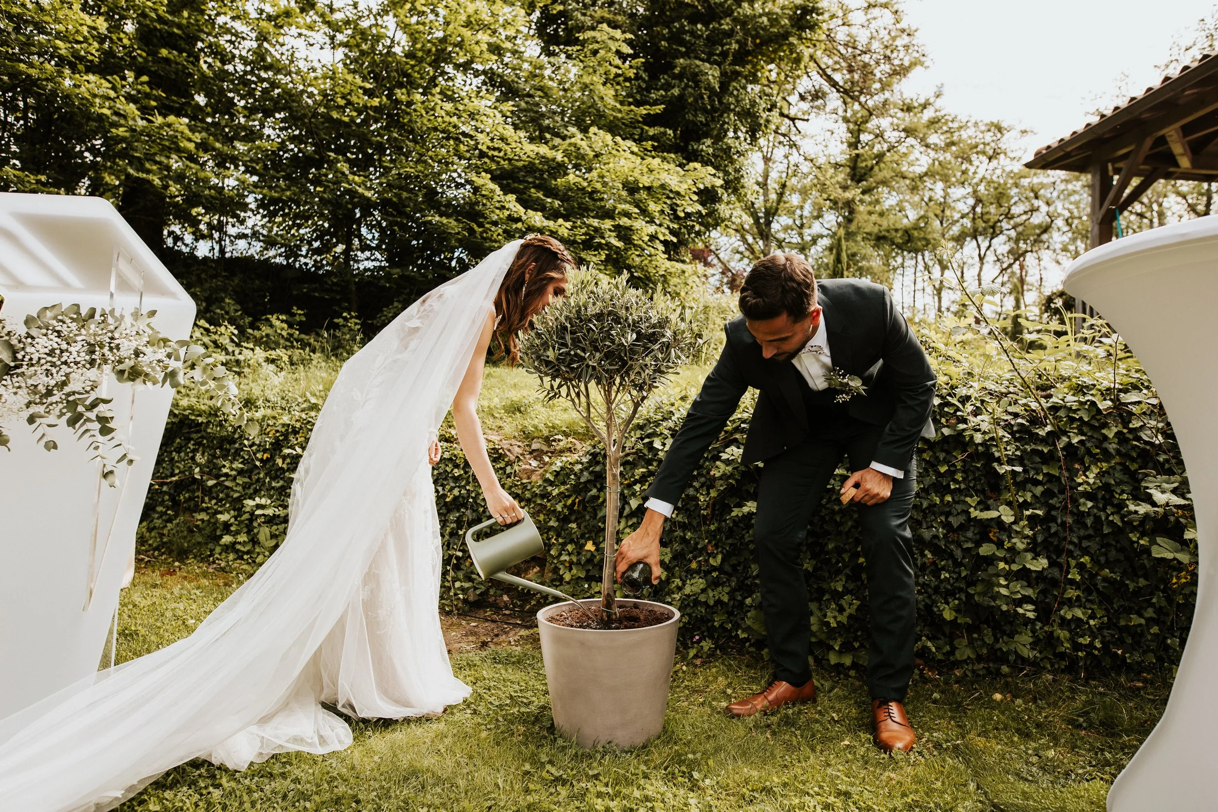 photo du rituel de l'olivier ou de l'arbre symbolique pendant une cérémonie laïque au domaine des tuileries dans le beaujolais près de Lyon