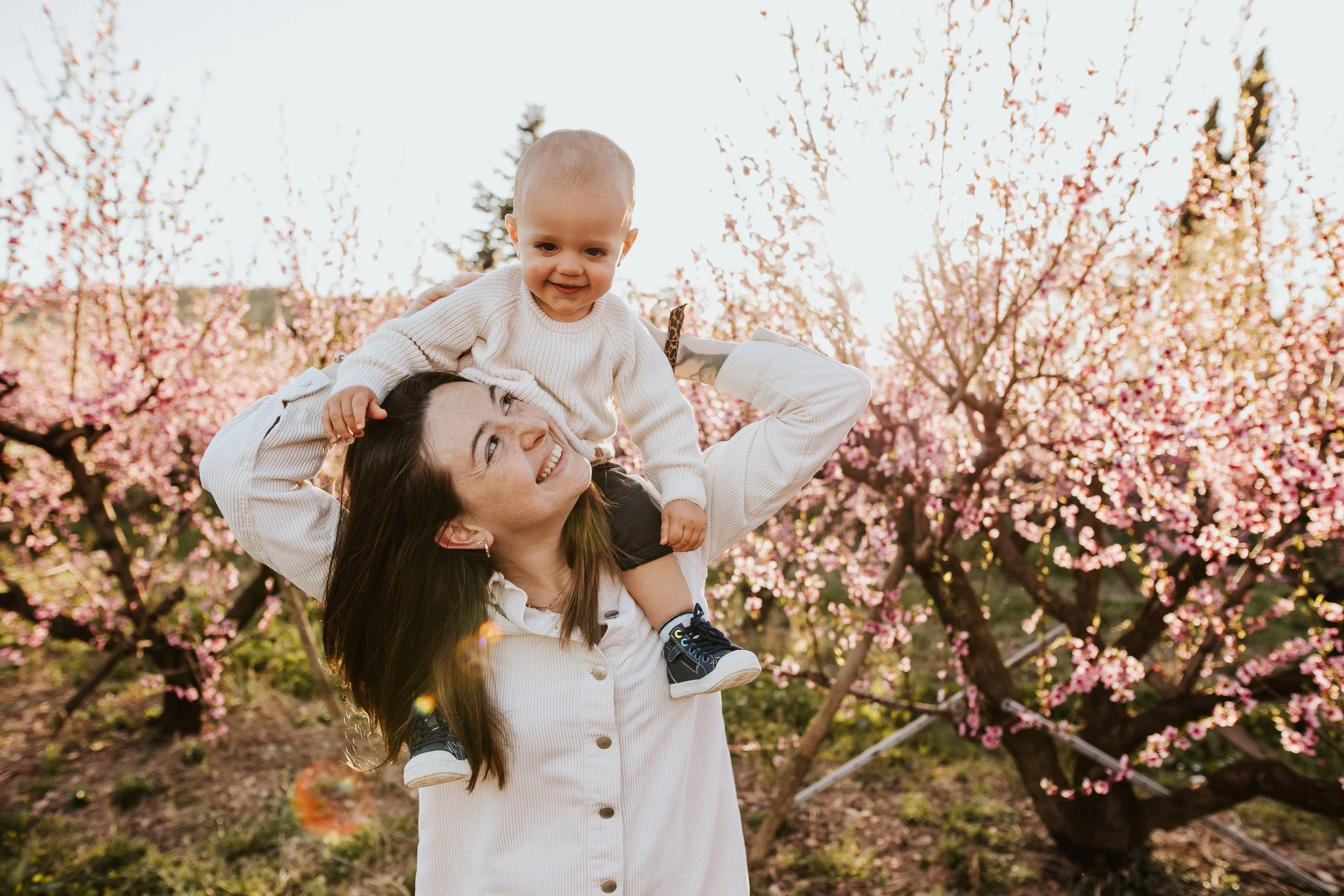 photo d'un bébé sur les épaules de sa maman au milieu d'un verger de pruniers roses en fleurs au printemps dans le beaujolais