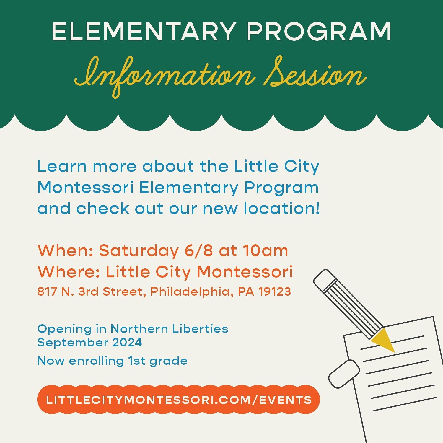 Join us at the new Northern Liberties location to learn more about our elementary program! Register at https://www.littlecitymontessori.com/events ✨