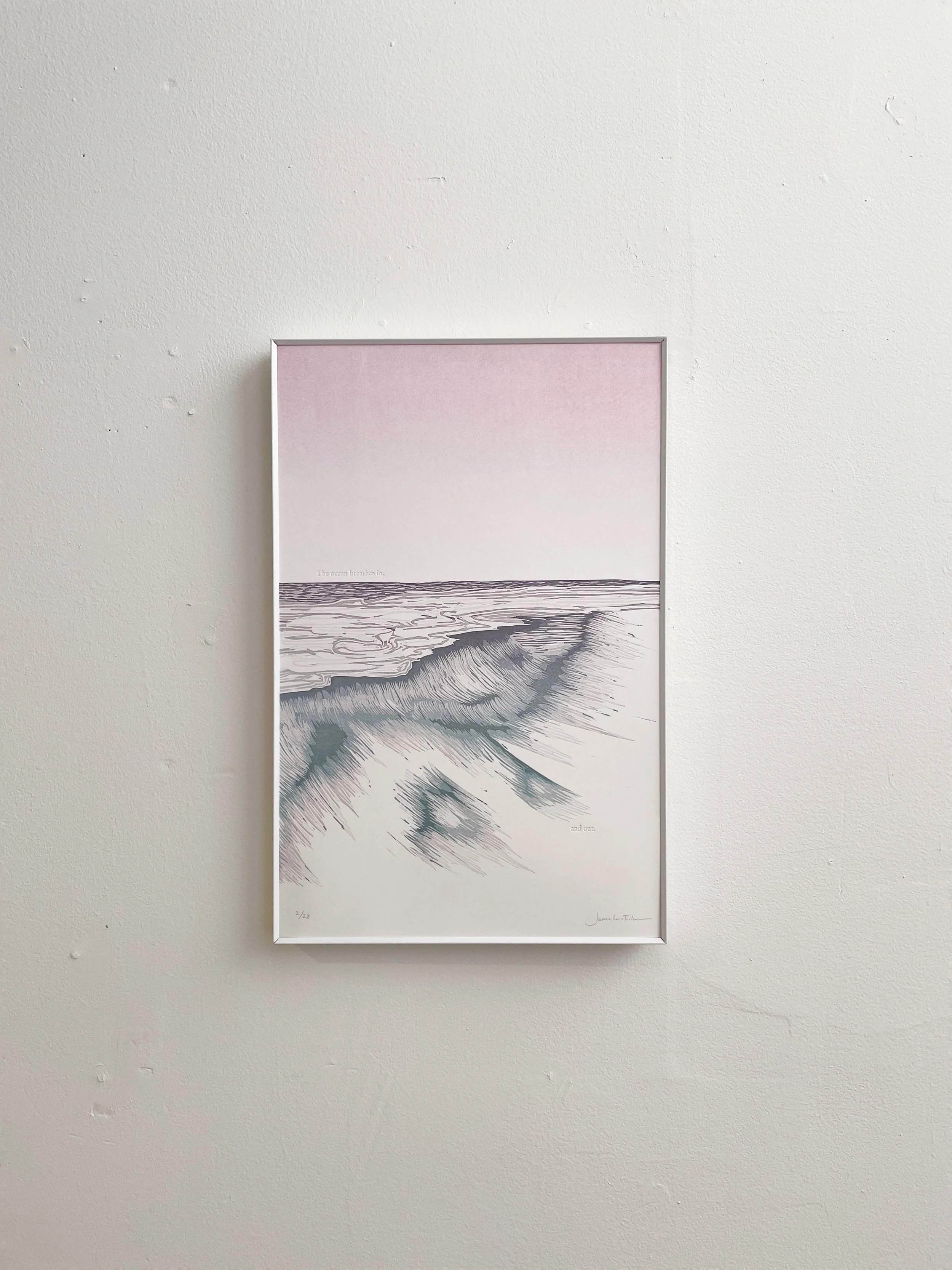 framed 6-color Letterpress reductive block print of the ocean