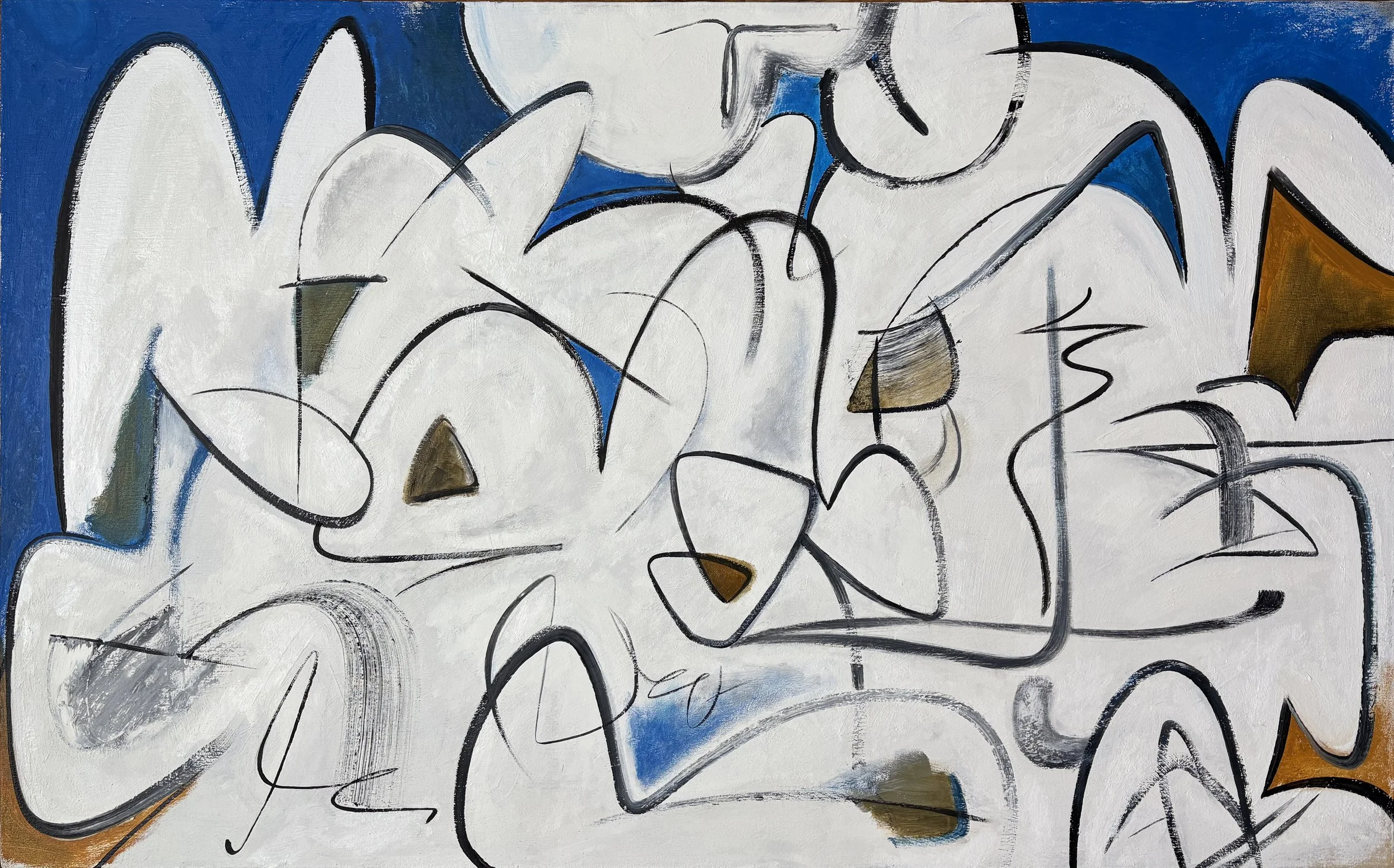 Where the Heavens Touch Earth by John Dempsey, an abstract painting featuring sweeping black lines, white organic forms and blue and earth-toned accents.