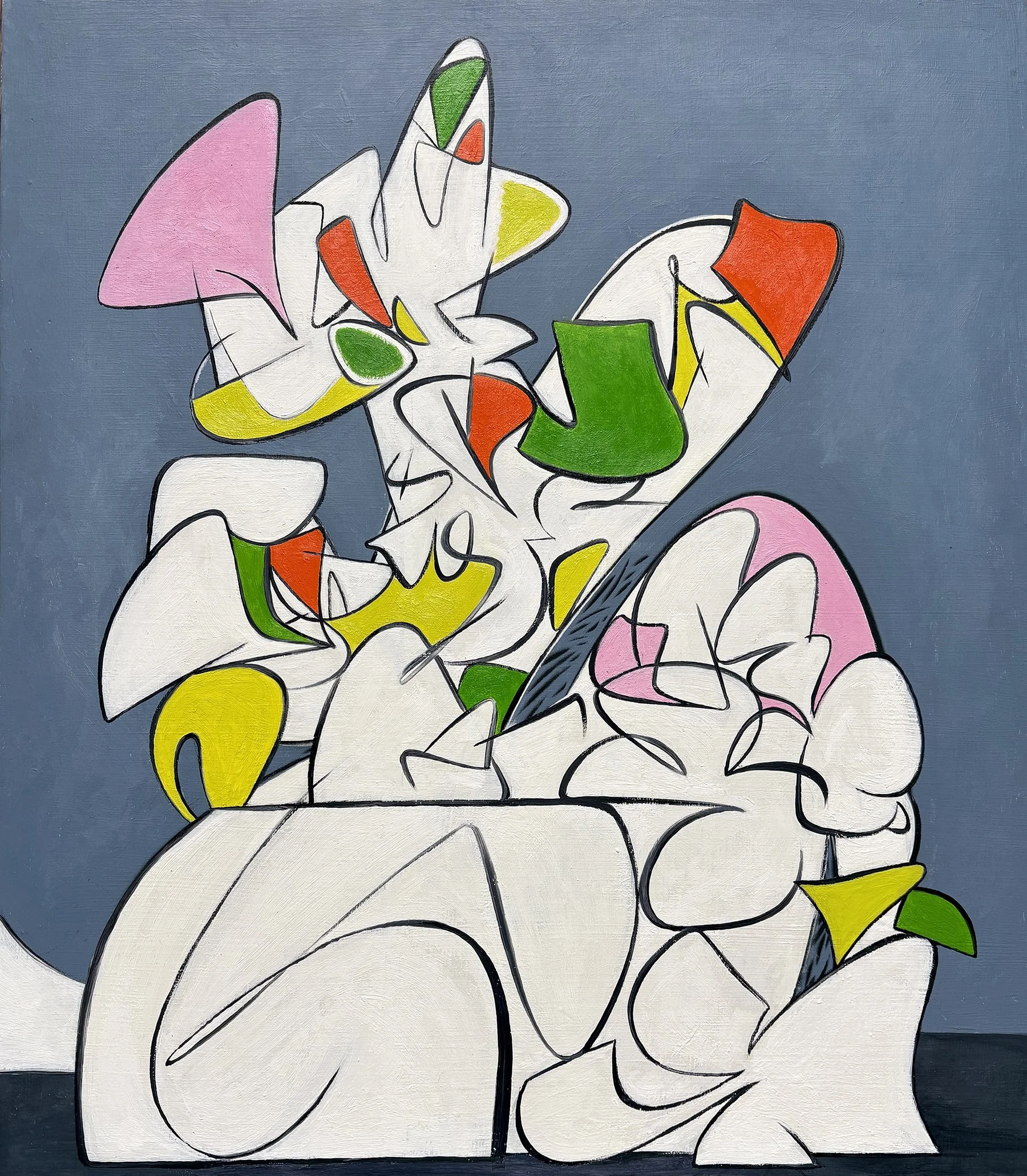 Spring Floral I by John Dempsey, an abstract oil painting with interlocking white organic forms and accents of pink, green, orange and yellow on a gray ground.