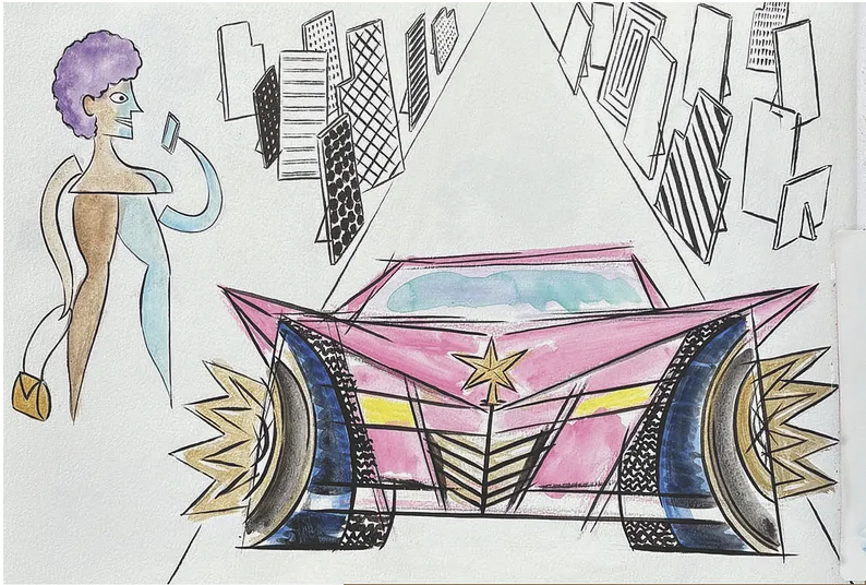 Sketchbook drawing by Billy Tokyo featuring a stylized figure beside a pink futuristic car surrounded by geometric architectural forms.