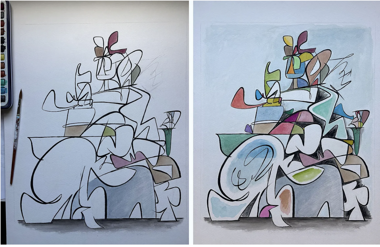 Two stages of a John Dempsey artwork, showing an initial line drawing beside the developed painting with added color and layered abstract forms.
