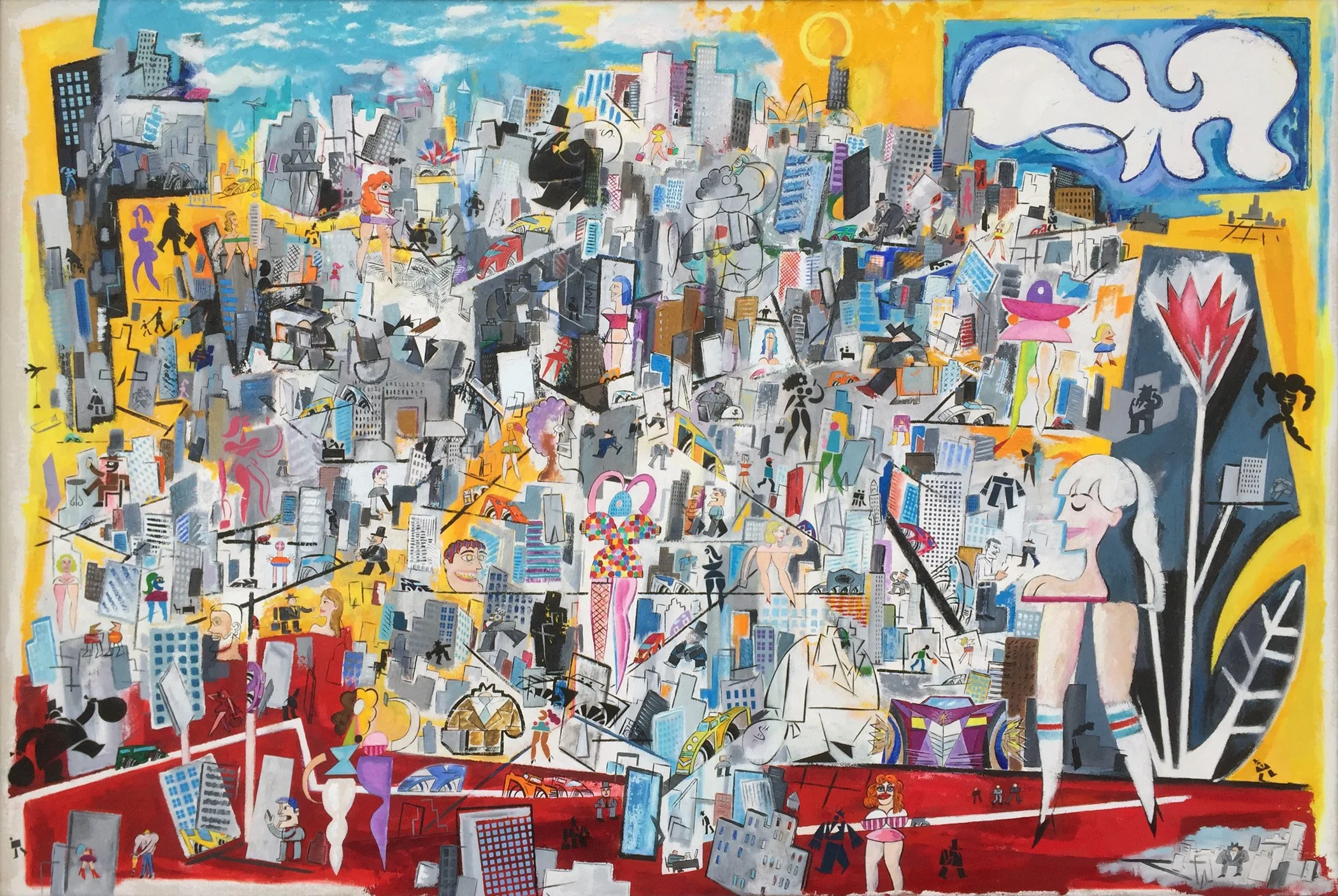 Hot City Day by Billy Tokyo, the figurative alter ego of John Dempsey, depicting a densely layered imagined city filled with buildings, figures and graphic forms.