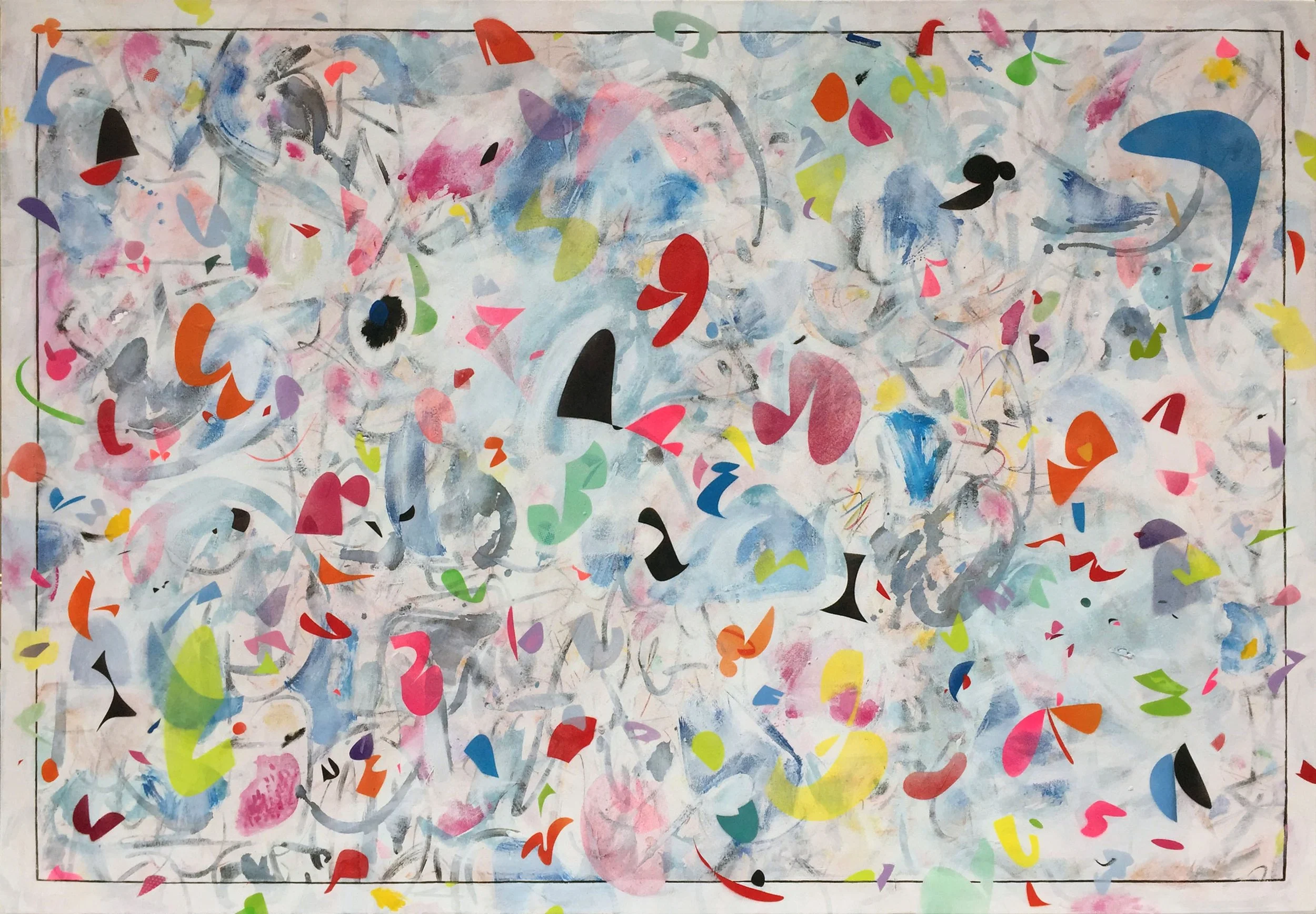 A Landscape of a Thought by John Dempsey, an abstract painting of layered gestural marks, colorful stencil forms and brushwork on a predominantly white ground.