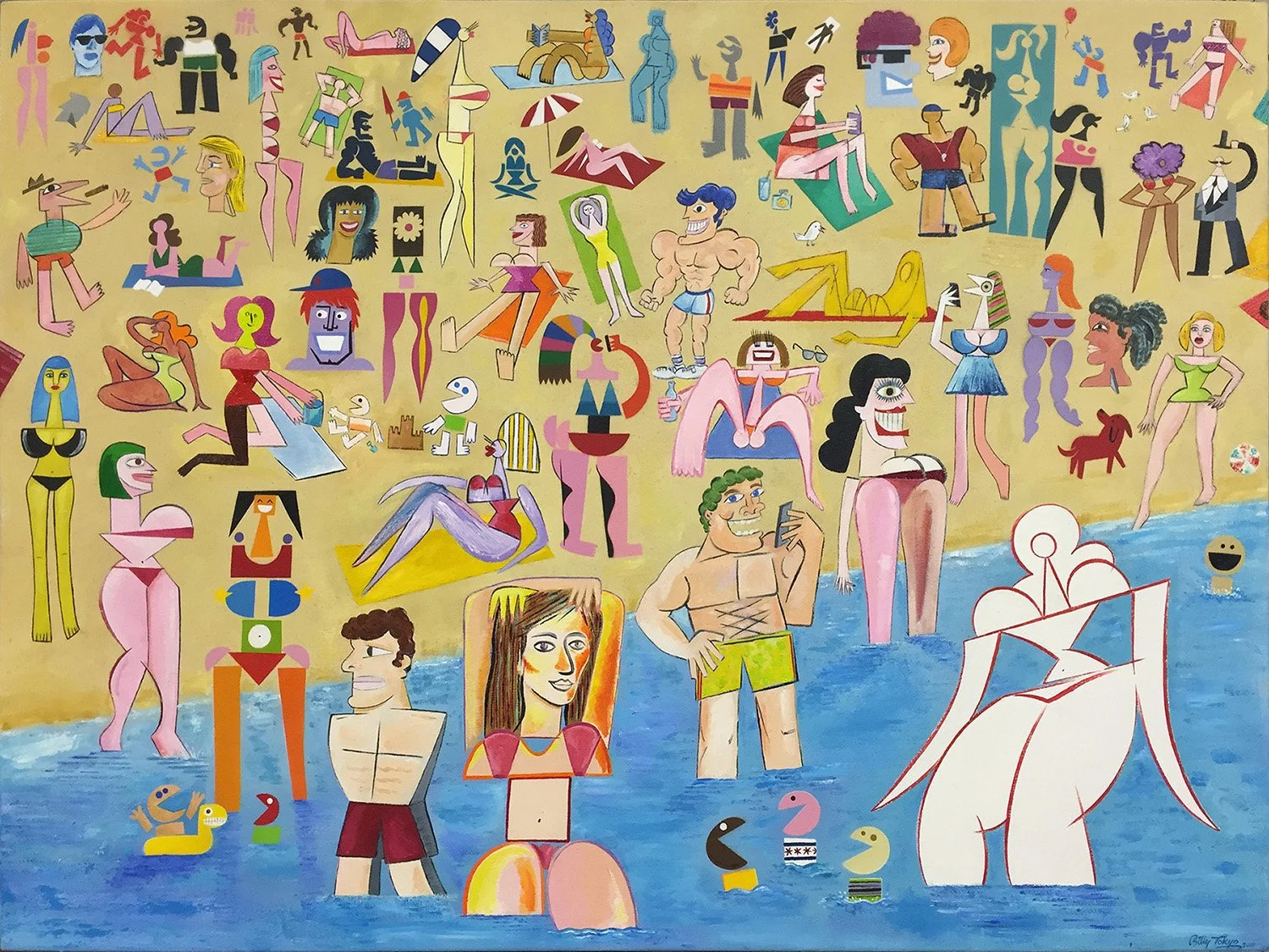 Colorful illustration of numerous cartoon characters at a beach, including people in swimsuits, caricatured faces, animals like ducks, and abstract figures, with a boat and a sailing ship in the ocean, all depicted in a playful, abstract style.