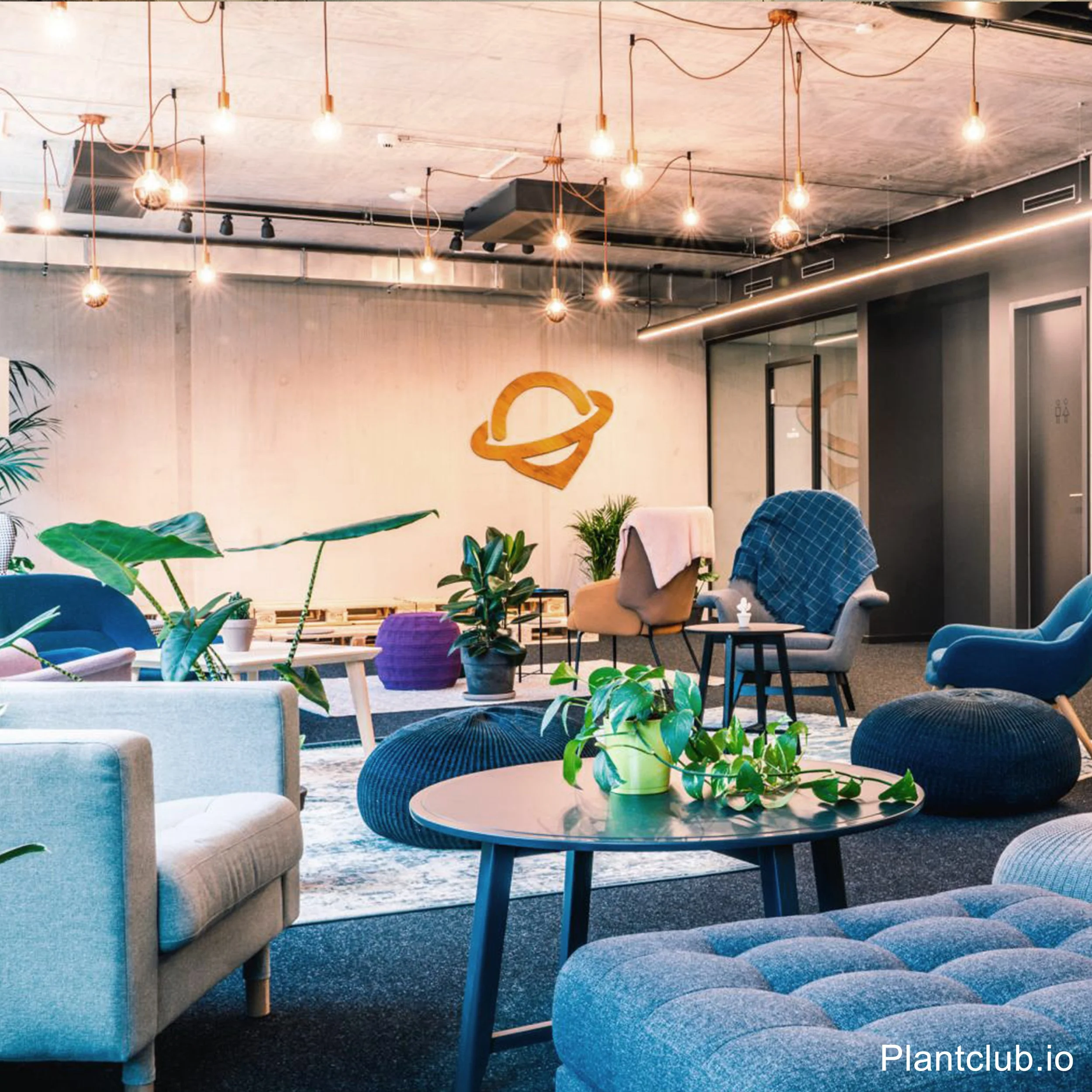  Cozy team Lounge with shelves and floor plants at Uberall. 
