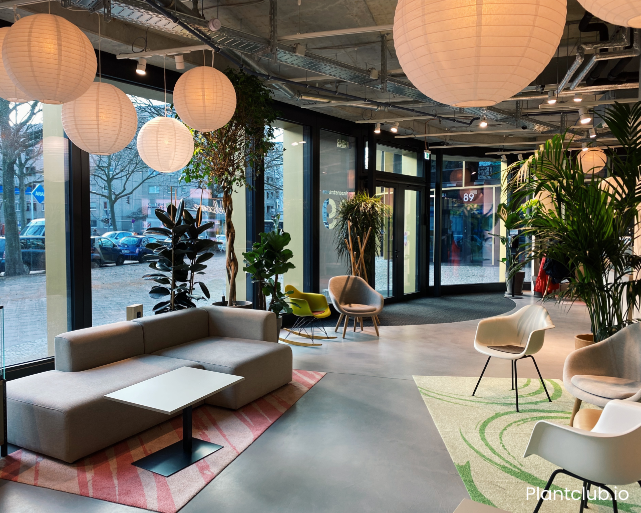 Interior design using plants at Hellofresh Berlin in front of large windows