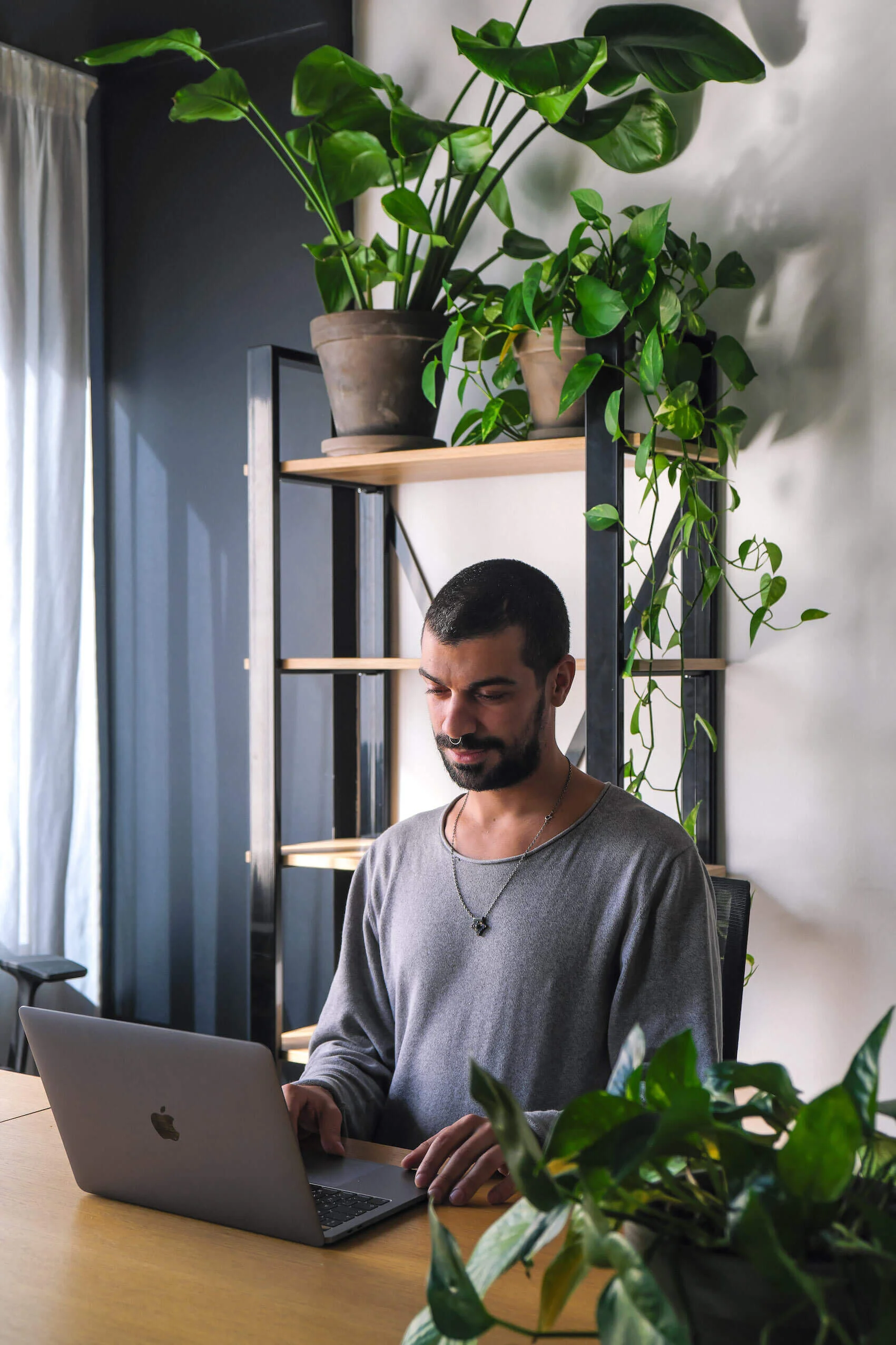  With minimal floor space, it was important to use shelving wherever possible to bring cascading greenery into working spaces. 