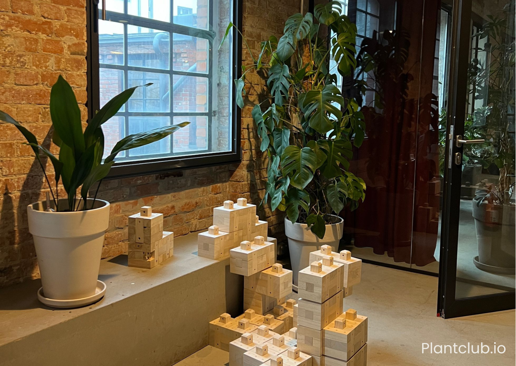 An installation of wood blocks with plants