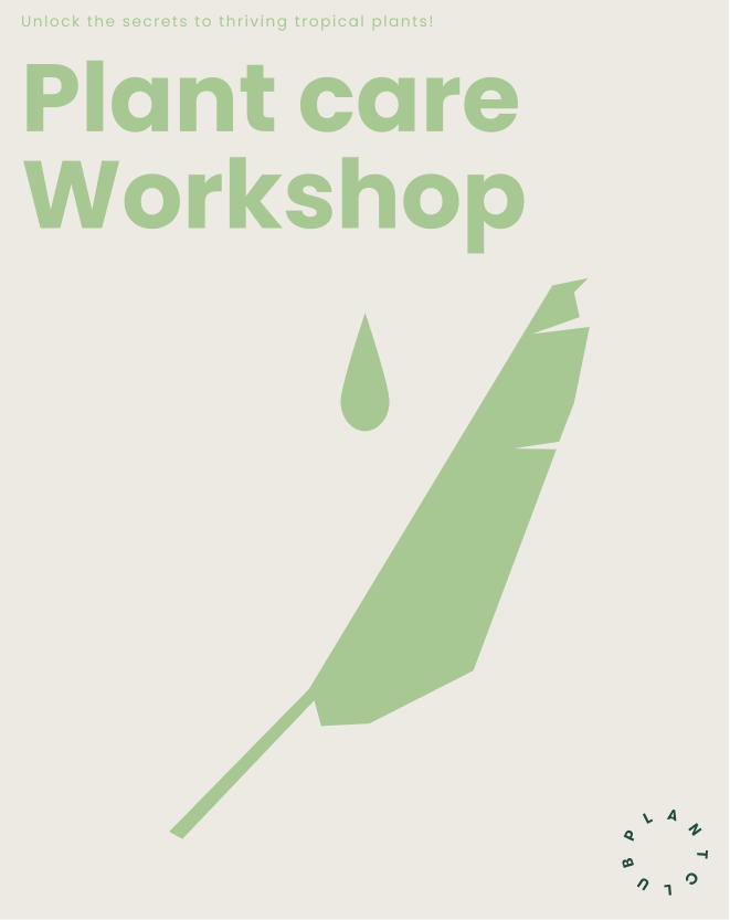 A promotional graphic for a plant care workshop featuring large green text that says 'Plant care Workshop' with a droplet and a stylized plant leaf illustration, and small green text at the top about unlocking secrets to thriving tropical plants.