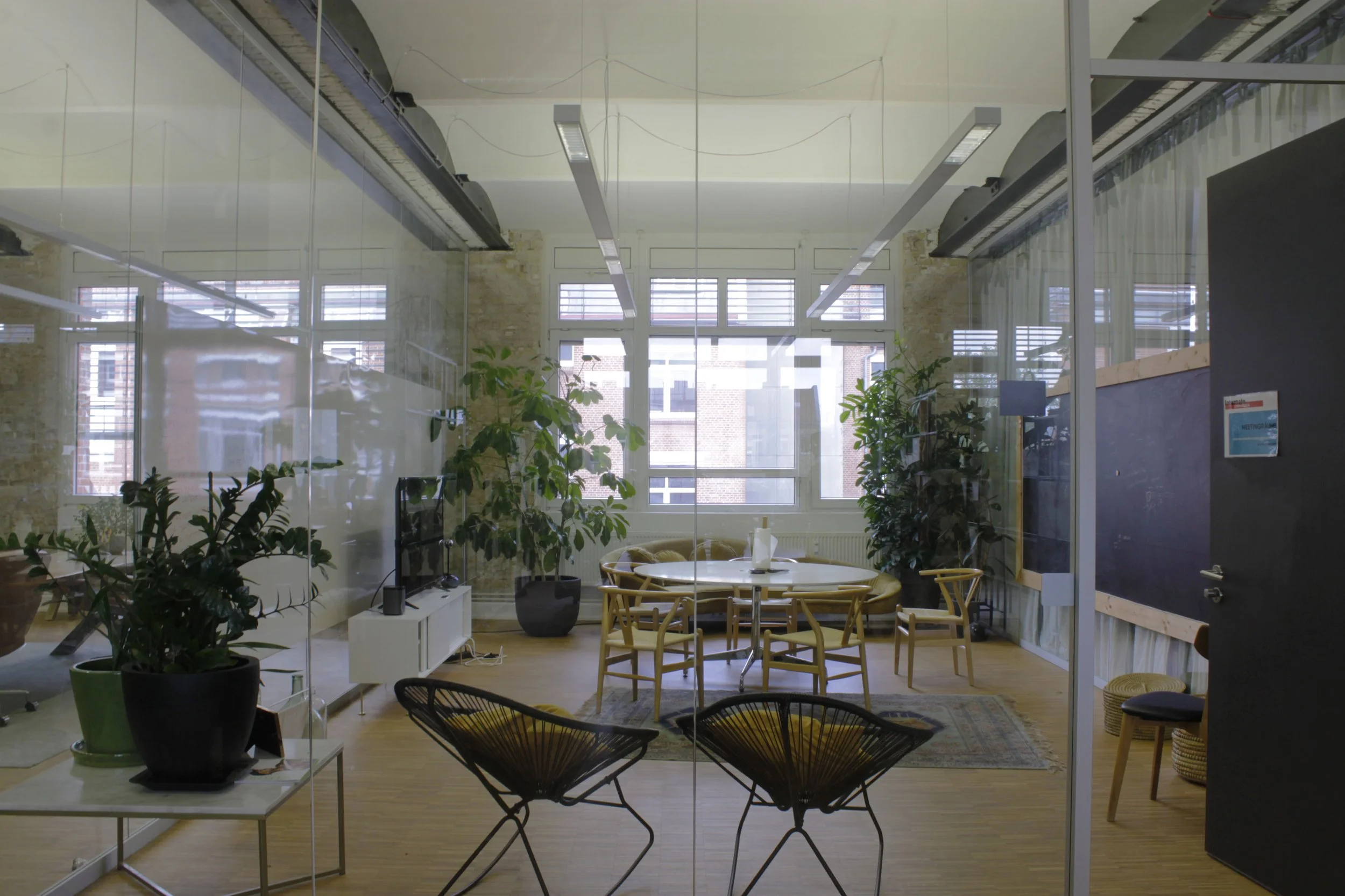  Large standing trees create warmth in a meeting room. 