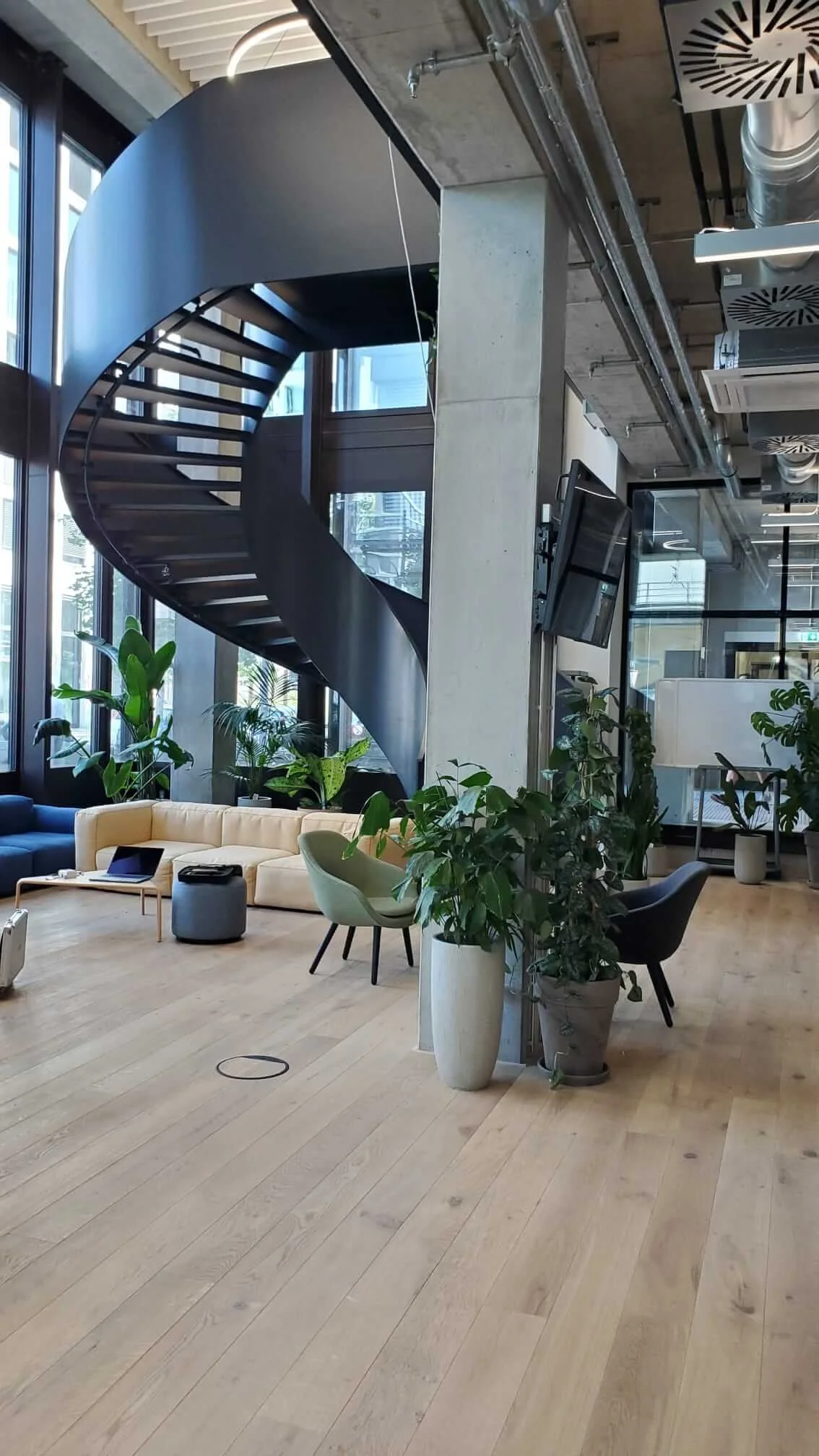 Potted plants and a spiral staircase at the N26 office in Berlin