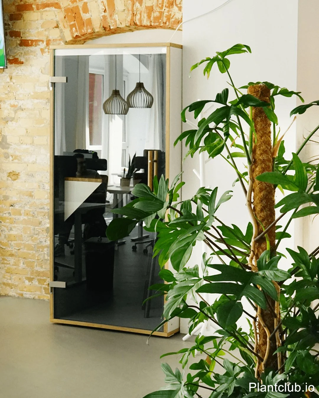  A cozy office phone booth surrounded by greenery for quiet focus. 