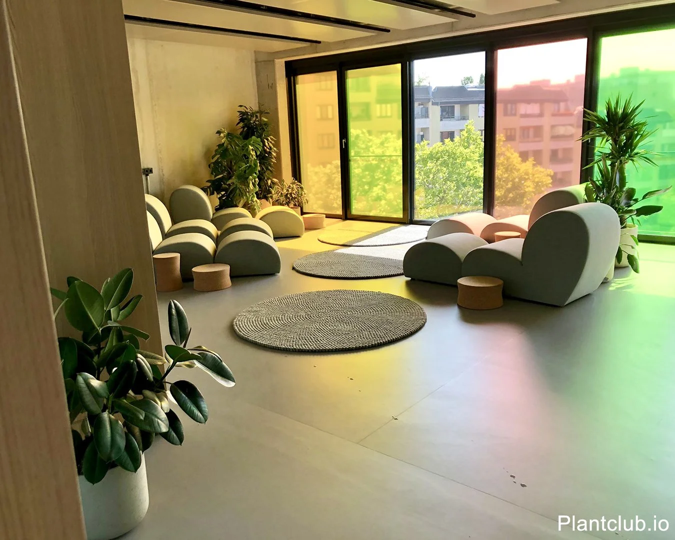 Plays of lights, pinks and greens in an office