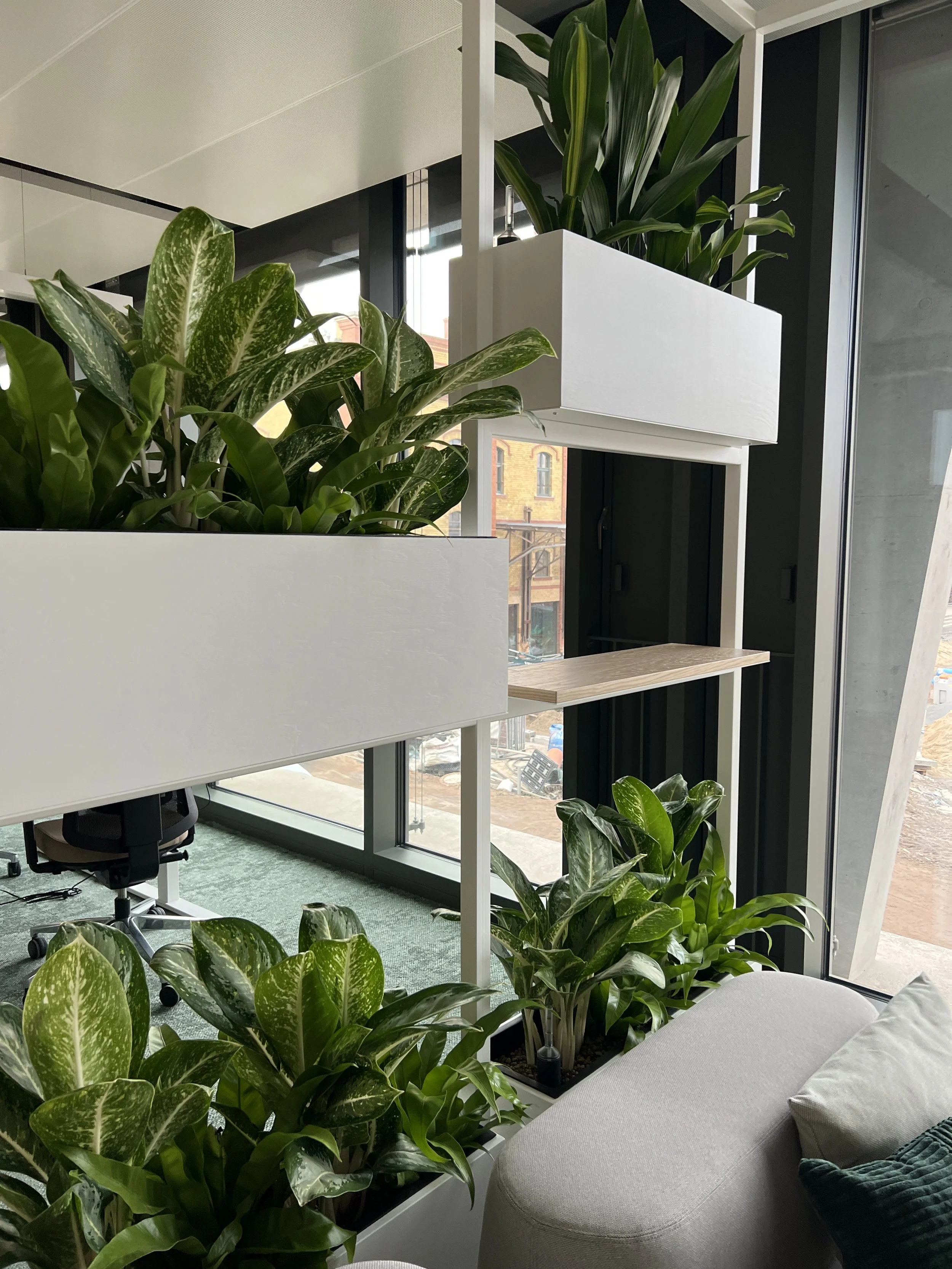 Close up on white planters furniture