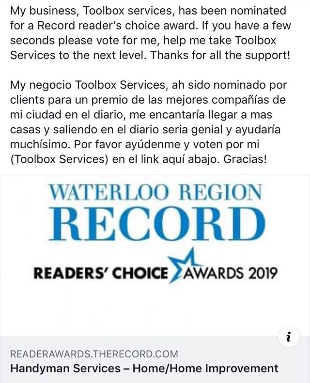 Link in bio. 
My business, Toolbox services, has been nominated for a Record reader's choice award. If you have a few seconds please vote for me, help me take Toolbox Services to the next level. Thanks for all the support!

Link en perfil.

My negoci