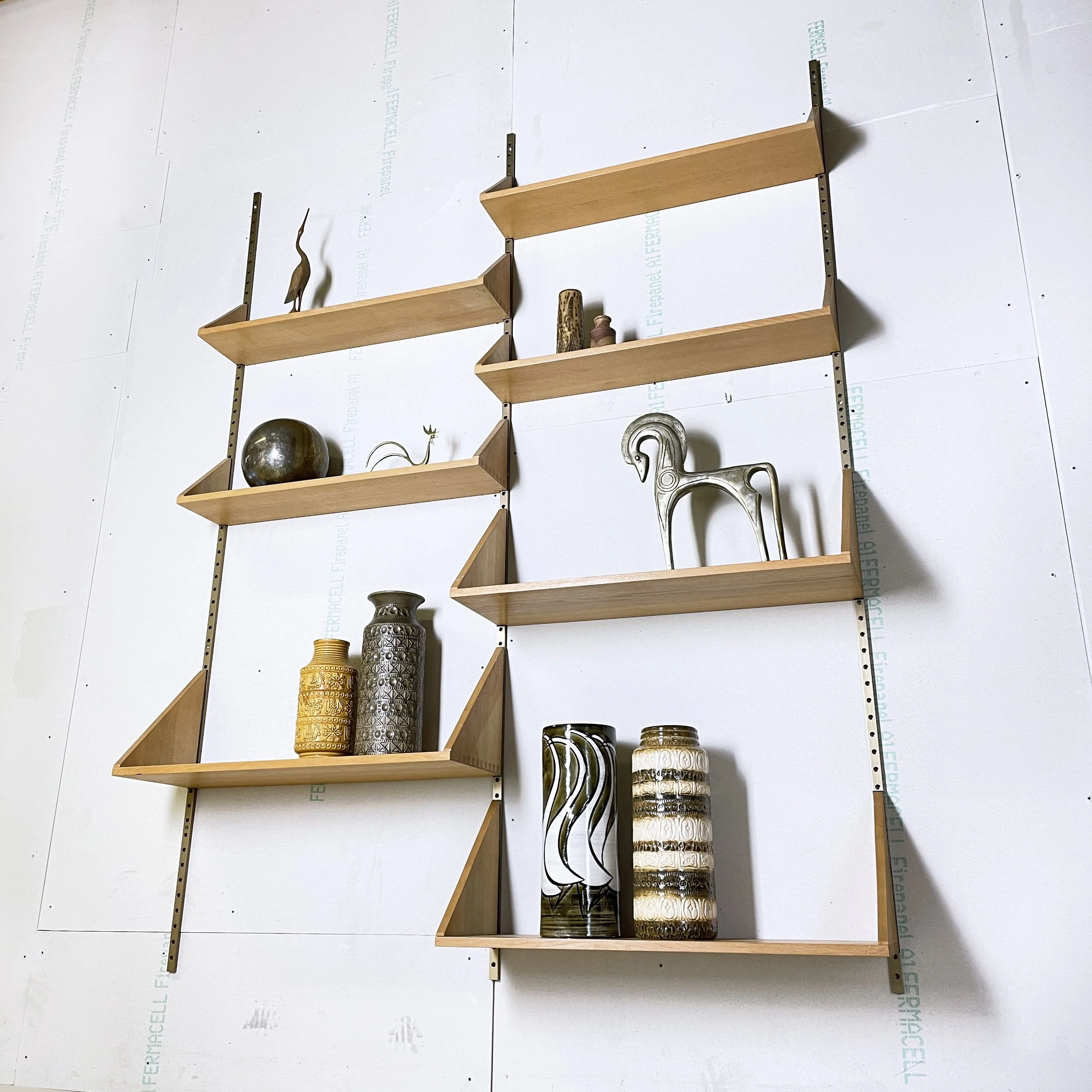 Mid Century Oak & Brass Modular Wall Shelving System