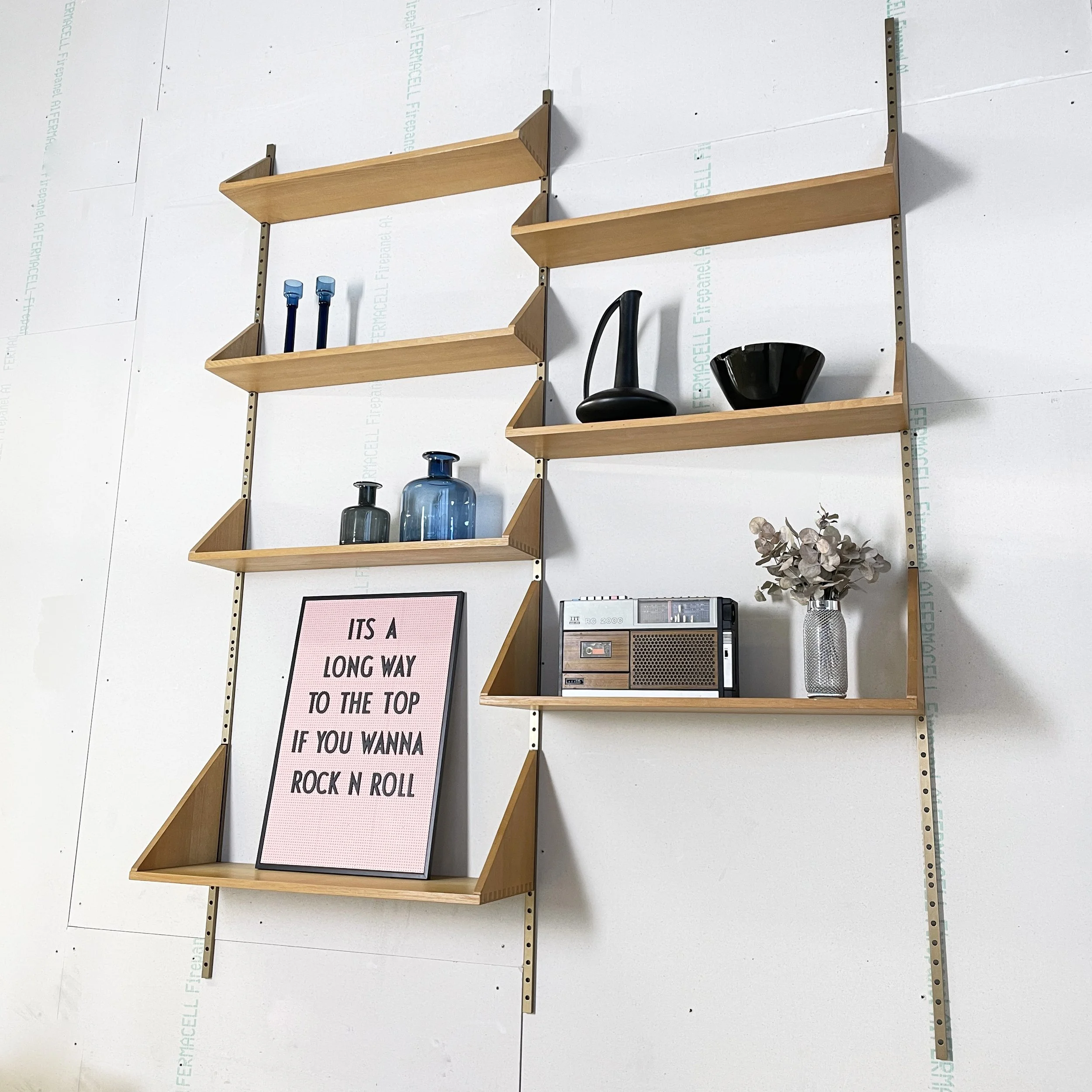 Mid Century Oak & Brass Modular  Wall Shelving