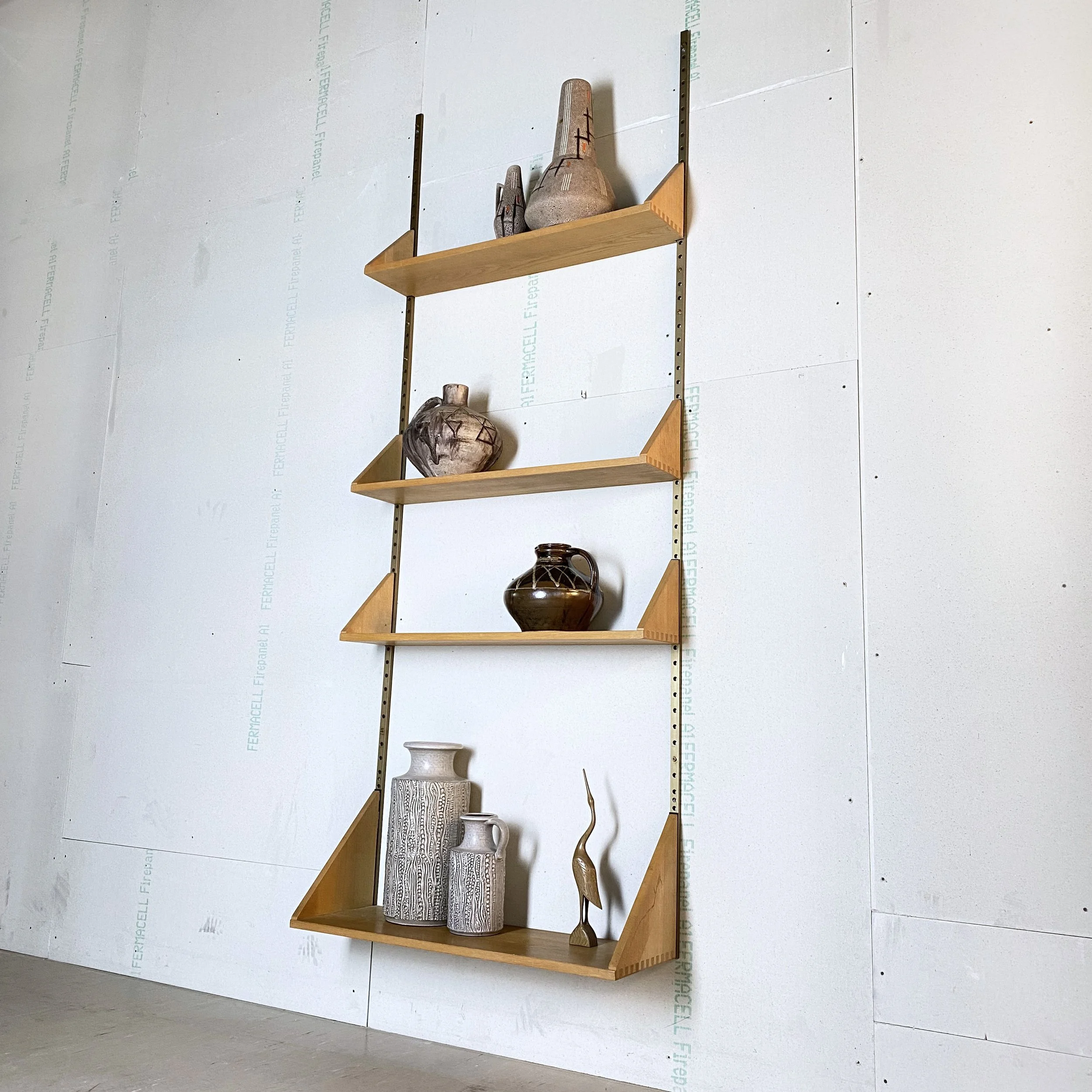 Mid Century Modular Brass & Oak Wall Shelving