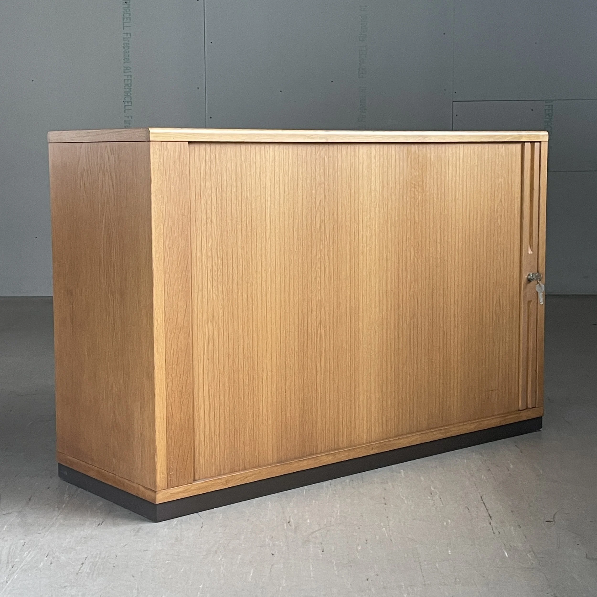 1970's roll fronted oak storage cabinet / sideboard