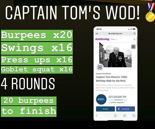 In homage to the legend that is @captaintommoore. Today&rsquo;s WOD was in honour to the great man and we ask you to donate to his page https://www.justgiving.com/fundraising/tomswalkforthenhs to raise as much money for our NHS heroes. #captaintommoo