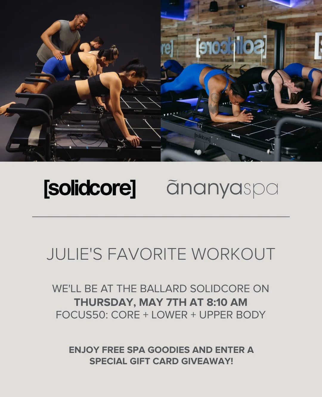 We&rsquo;re trading soft robes for a little sweat, catch us bright and early at @solidcore Ballard! 

Julie&rsquo;s go-to class is the perfect way to kickstart your Thursday, and we&rsquo;ll be there with spa treats and a relaxing giveaway just for y