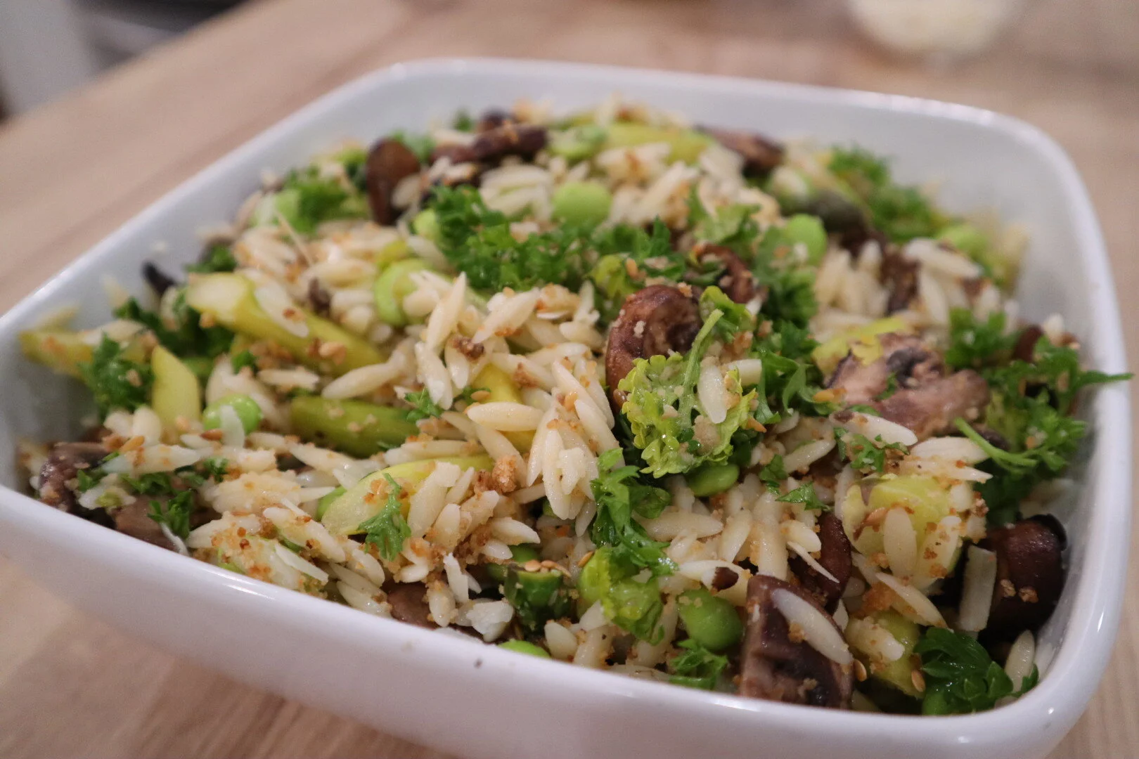 Garlic and Lemon Orzo with Asparagus, Mushrooms and Edamame