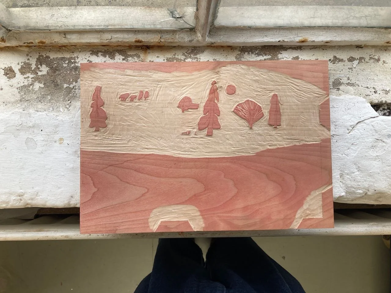 A woodcut of a landscape scene