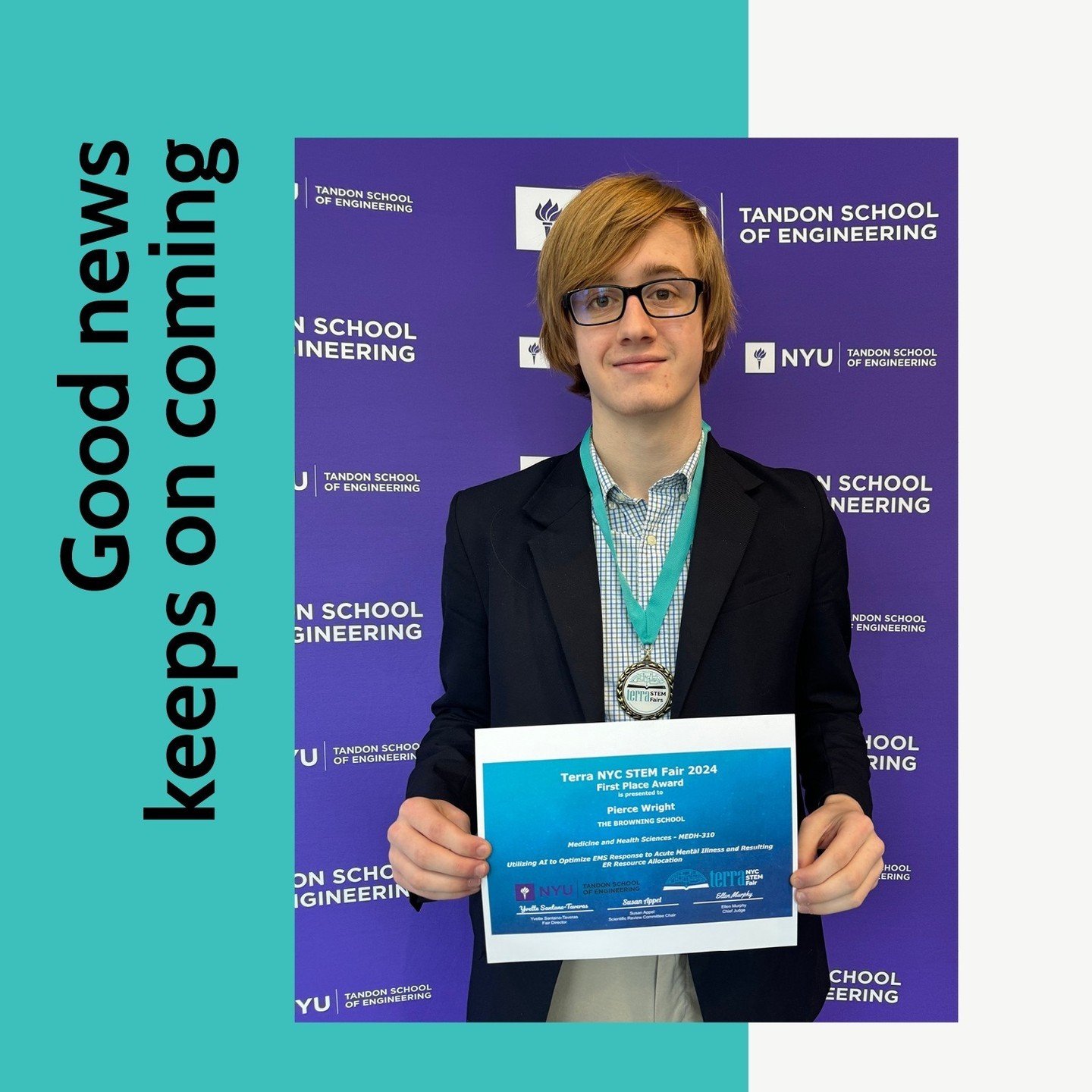 Congratulations to Grade 11 boy Pierce W. &rsquo;25 who has developed an award-winning algorithm that surpasses the accuracy of human operators in predicting resource needs for 911 calls!⁠
⁠
Pierce&rsquo;s AI recently won first place at Terra NYC STE