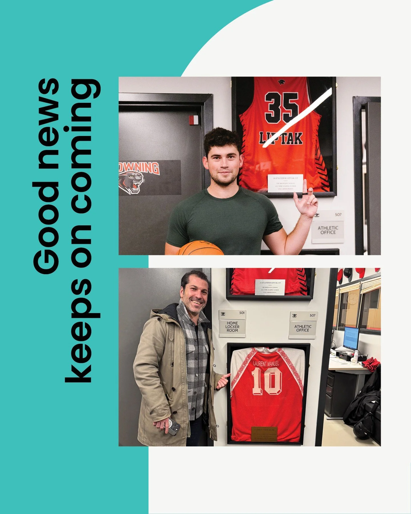 Two Browning MVPs return home! We welcomed back Laurent Manuel &rsquo;04 and Alex Liptak &rsquo;20 to see their jerseys hanging proudly in the Athletics Center of our new building.⁠
⁠
🏀 Alex, a standout varsity basketball player, scored over 1,000 c
