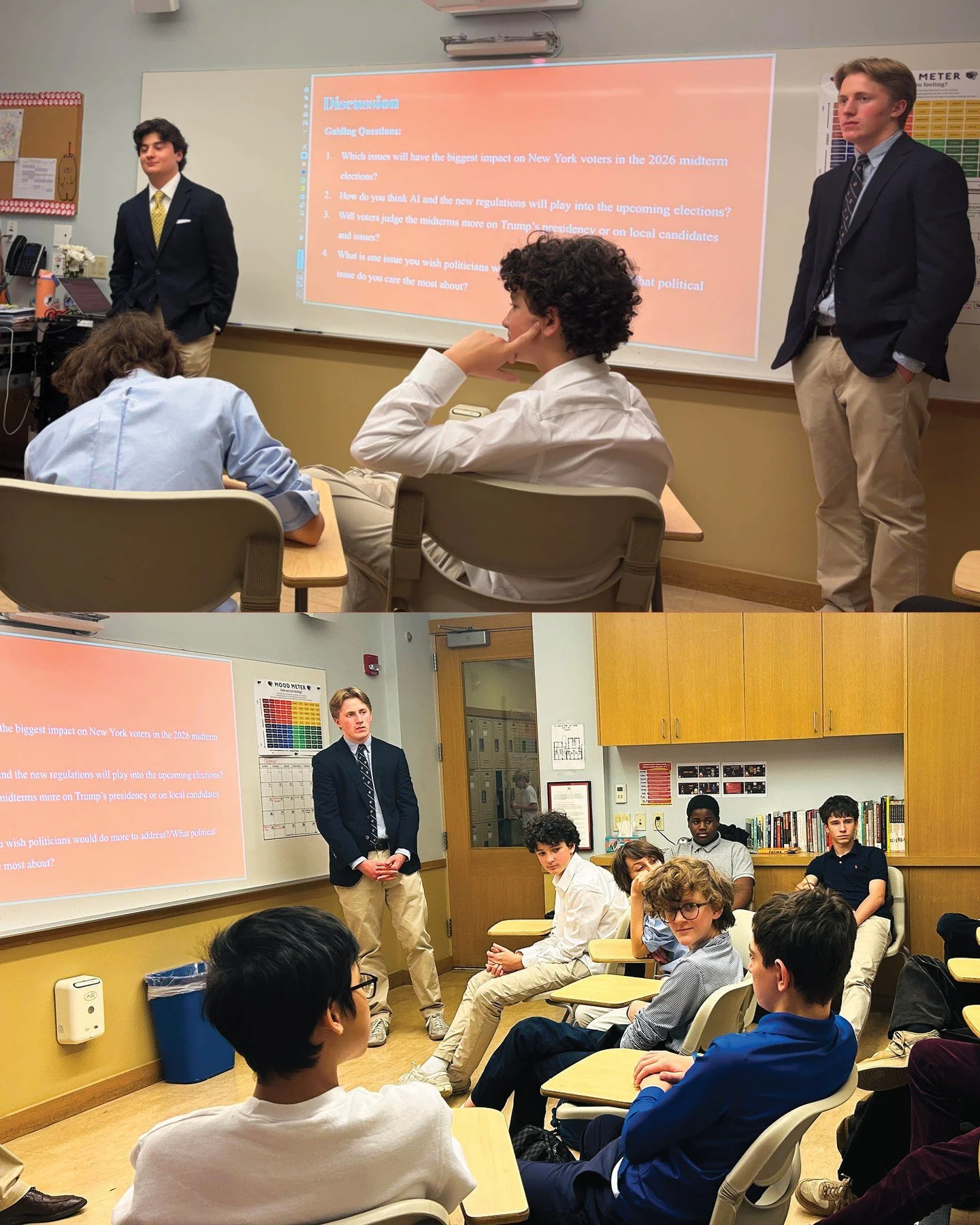 Political Discussions Club leaders Henry L. &rsquo;27 and Luca L. &rsquo;27 brought the midterm elections into focus for Grade 8, leading conversations in their American History classes.⁠
⁠
The seniors joined the boys&rsquo; ongoing study of election