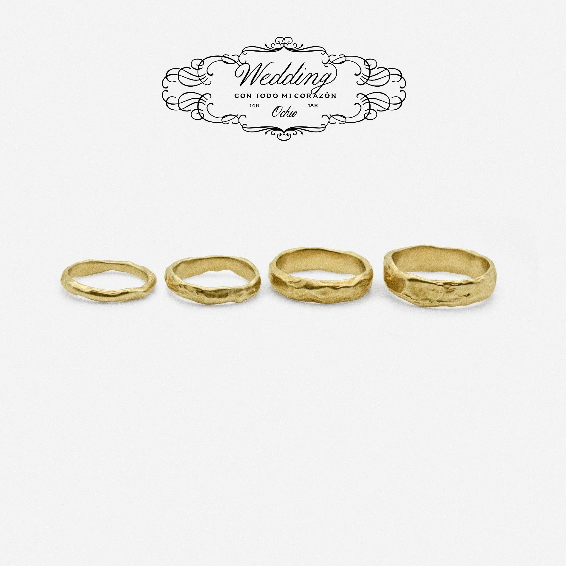 14k and 18k yellow gold bands with a soft texture on a white background with a beautiful ornated logo of the brand and the "wedding". Organic handcrafted wedding bands using the ancient technique of lost wax casting.