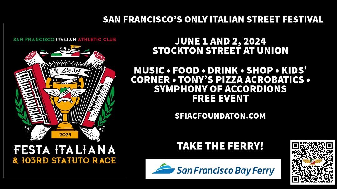 Save the Date.  2 Days - 2 Blocks San Francisco&rsquo;s only Italian Street Festival.  Free to all. music, drink, eat and dance.  Kids&rsquo; Corner.  Take the ferry @sanfranciscobayferry  @vanessaracci @tomtorriglia @cpez @sonamo.music 💚🤍❤️