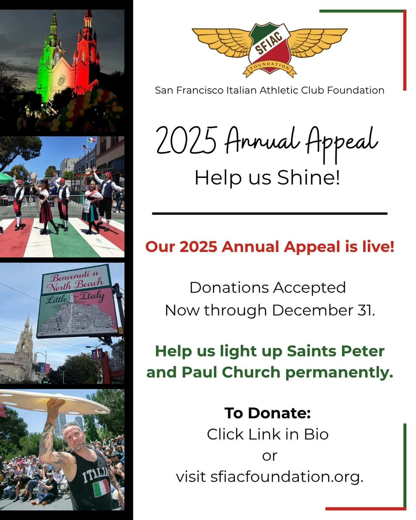 This year, your generosity will support youth programs, community events, help revitalize North Beach, and permanently illuminate the iconic Saints Peter and Paul Church for generations to come. Donation link in @sfiac_foundation bio.