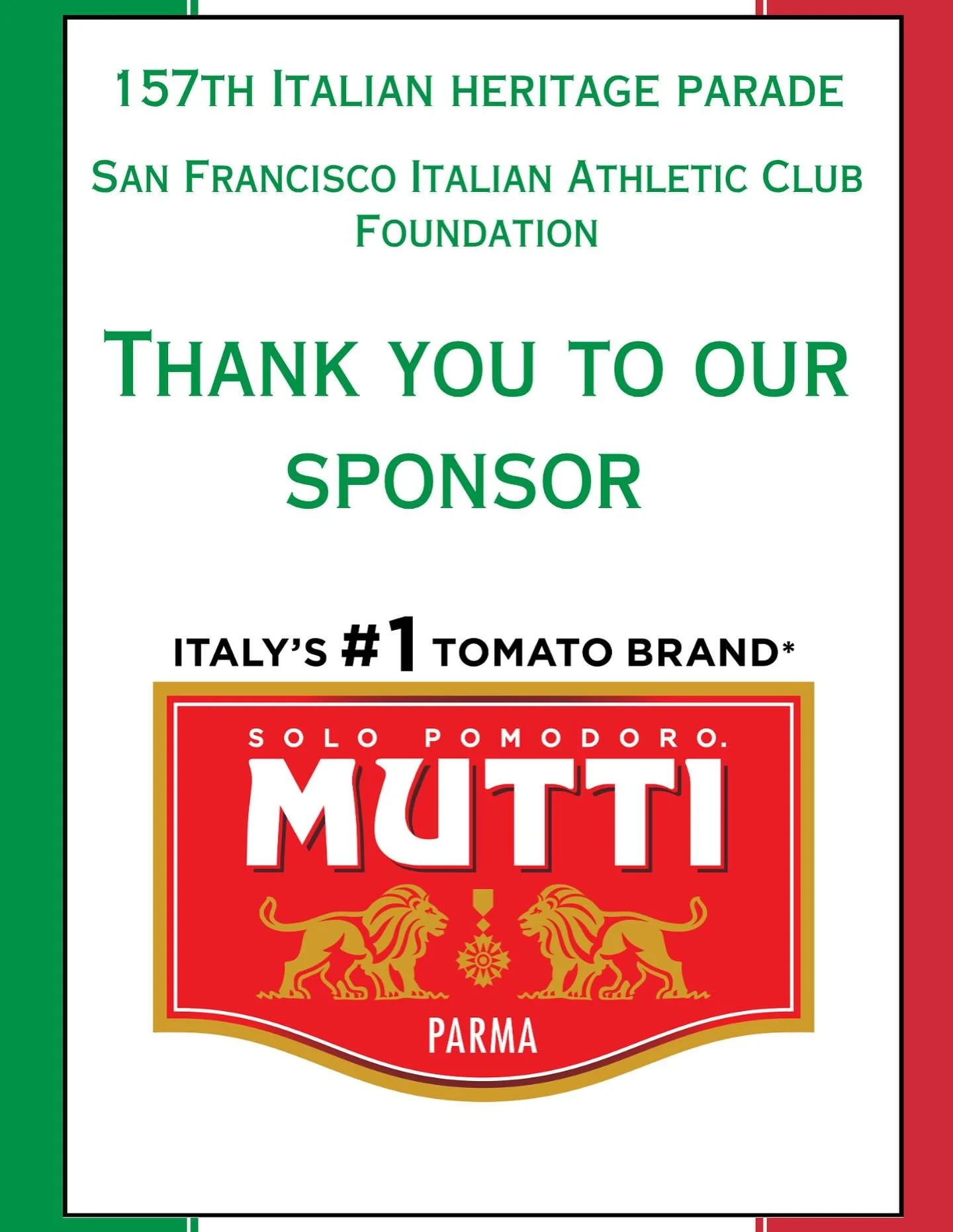 Welcome to our new sponsor @muttipomodorousa  Thank you for your support and looking forward to serving Mutti sauce at our parade lunch. 🇮🇹🍝