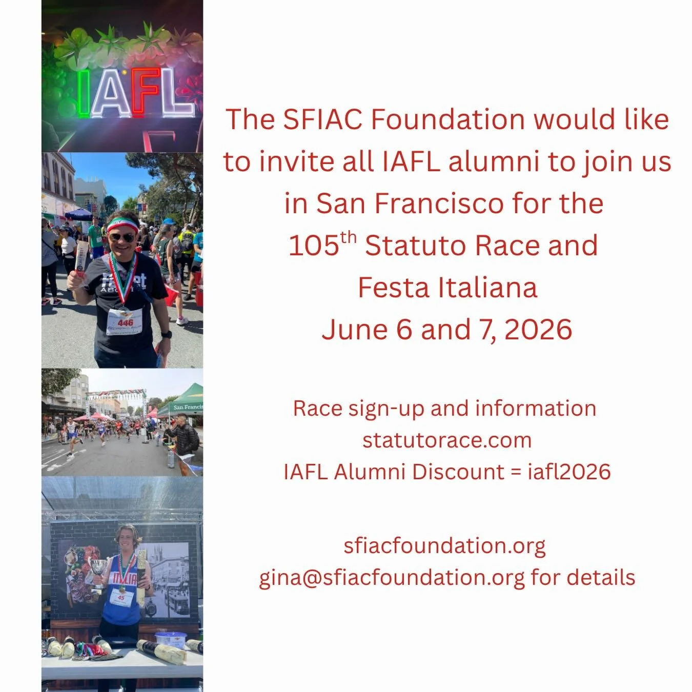 Calling all @italamericon Alumni.  Join us in San Francisco this summer to celebrate all things Italian and the running of the 105th Statuto Race.  #runningforsalami.