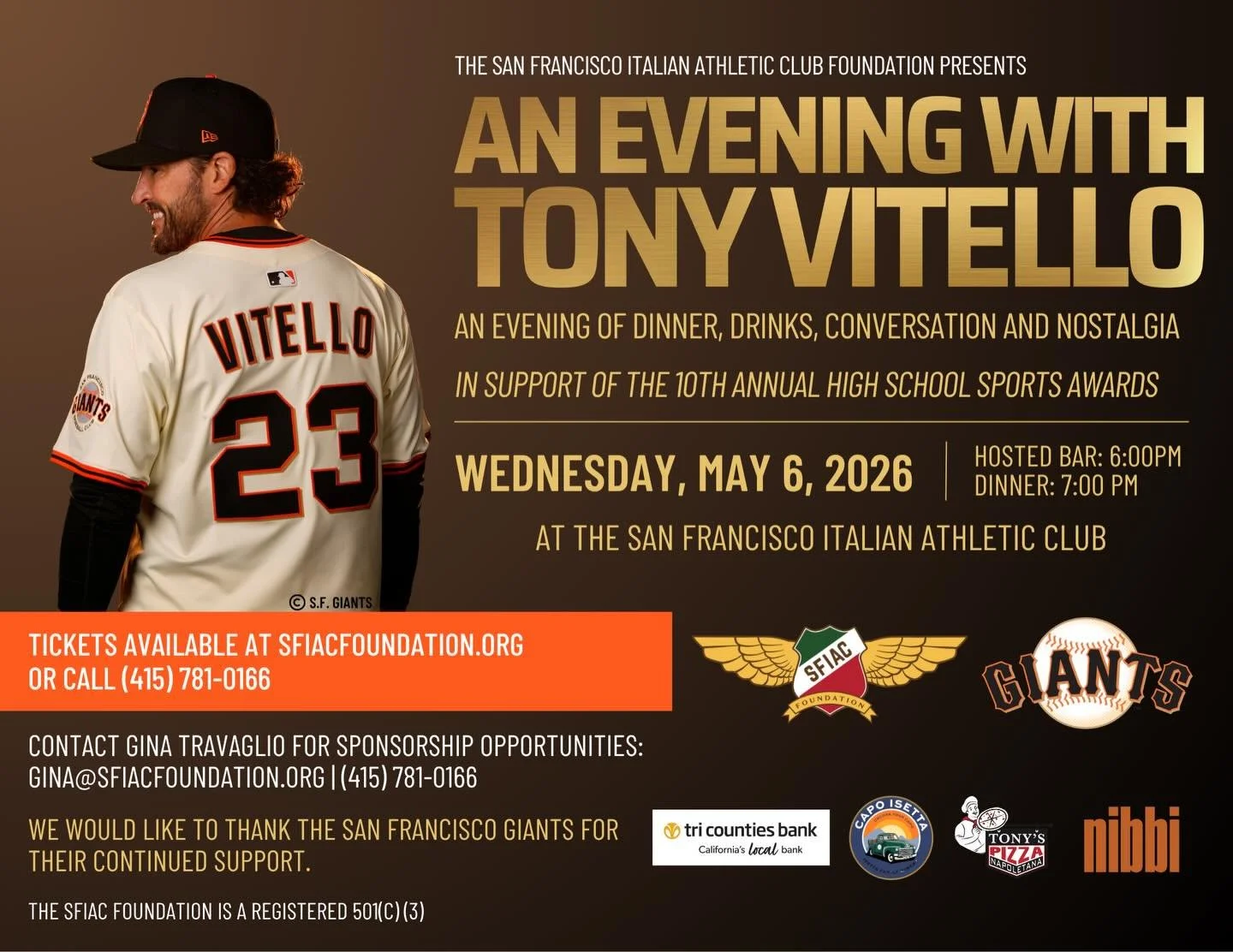 Join us for an evening with Tony Vitello in support of the High School Sports Awards.  Thank you to our generous sponsors @sfgiants Nibbi Brothers Construction @tricountiesbank @tonyspizza415 @capoisetta  Ticket information link in @sfiac_foundation 