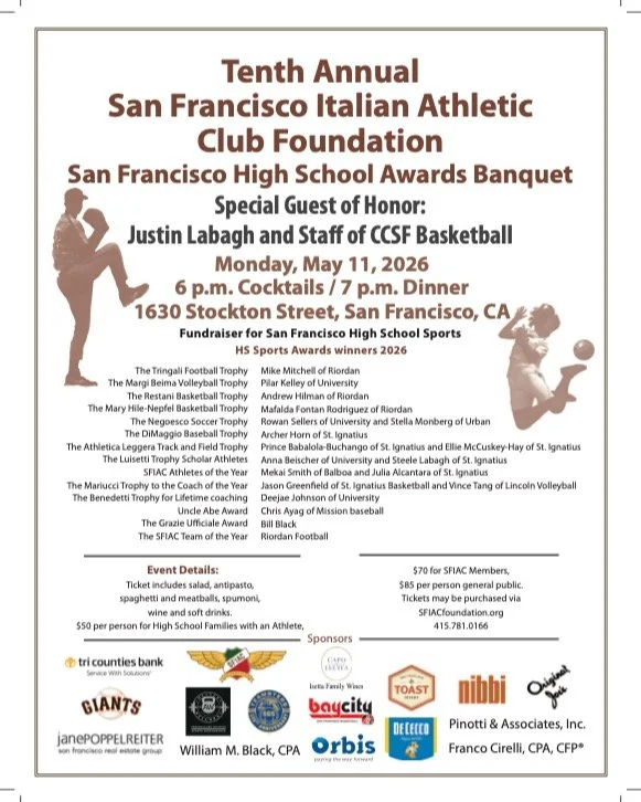 Congratulations to our 2026 awards. We look forward to celebrating you all on May 11. Tickets are available. Link in @sfiac_foundation bio. Thank you to our sponsors for supporting the student athletes of San Francisco. Congratulations to additional 