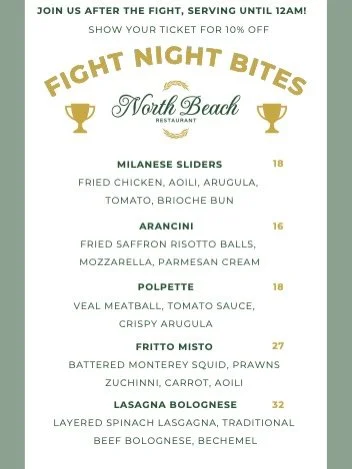 No time for dinner&hellip; After the fight join us @northbeach1512 for LATE NIGHT EATS and Cocktails.  Thank you to North Beach Restaurant for being a sponsor.