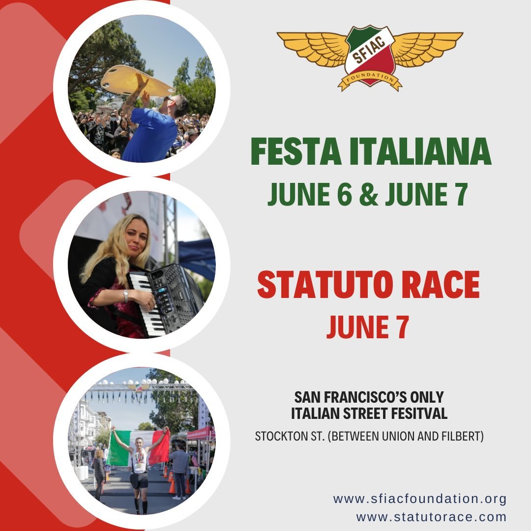 Join us for the only Italian Street Festival in San Francisco 🇮🇹🌁. June 6-7.  Run the 105th Statuto Race statutorace.com  Food, family, friends and fun!! Many local organizations and vendors @liannasoap @zea.mountain @graffeocoffee @mudroombackpac