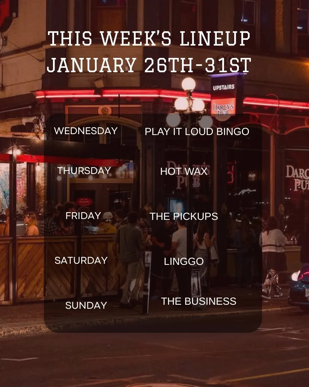 No plans for this weekend? we've got you covered with a stacked lineup

 #victoriaevents #weekdayevents #localartists #musicbingo #livemusic #coverbands #downtown #victoria #foodspecial #happyhour #nightlife #yyjeats