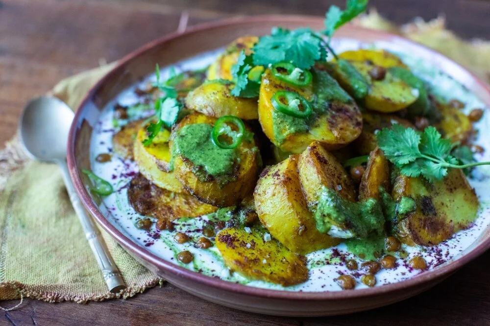 Indian Spiced Potatoes With Yoghurt, Crispy Chick Peas & Coriander