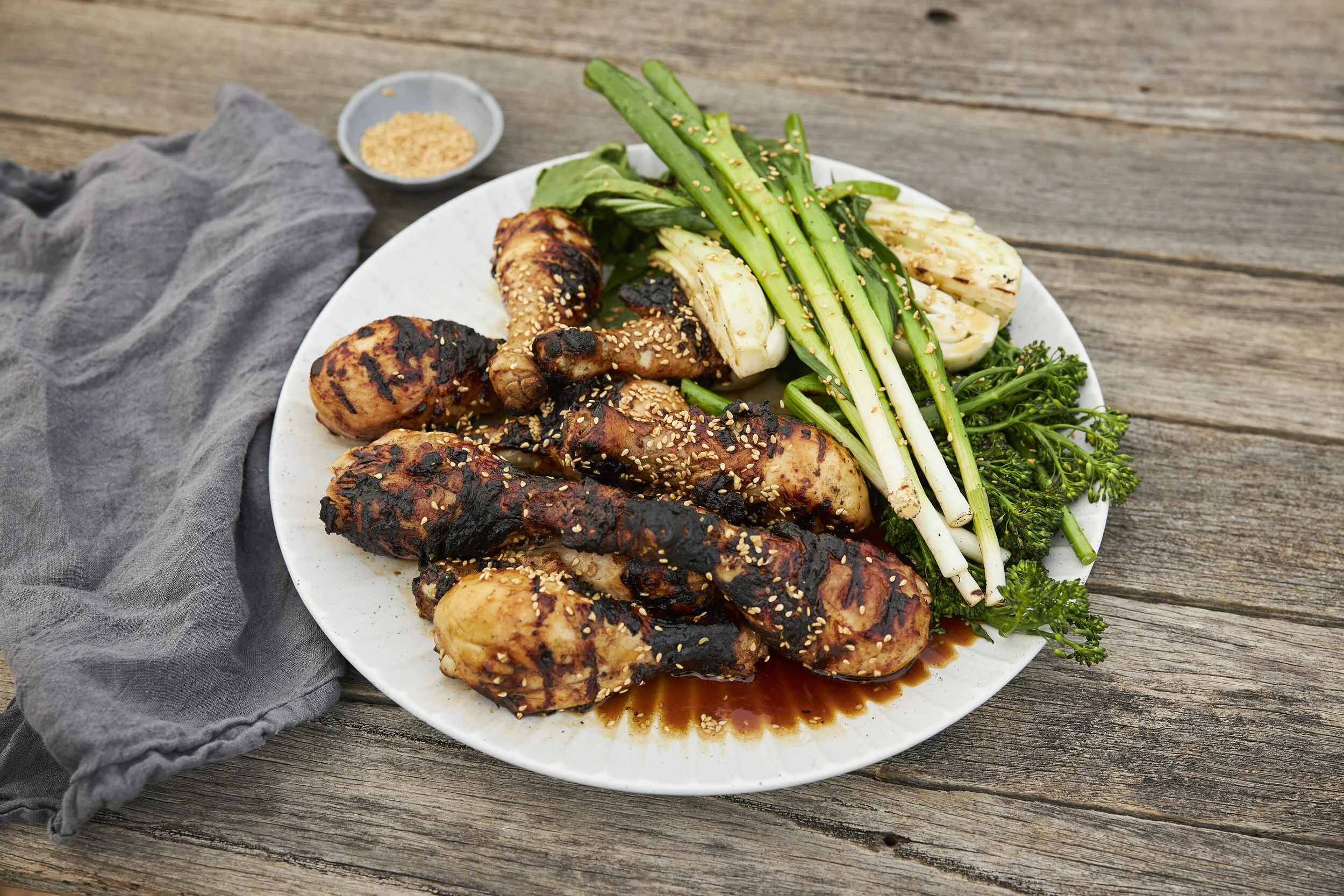 Sesame and Honey Drumsticks with Grilled Greens
